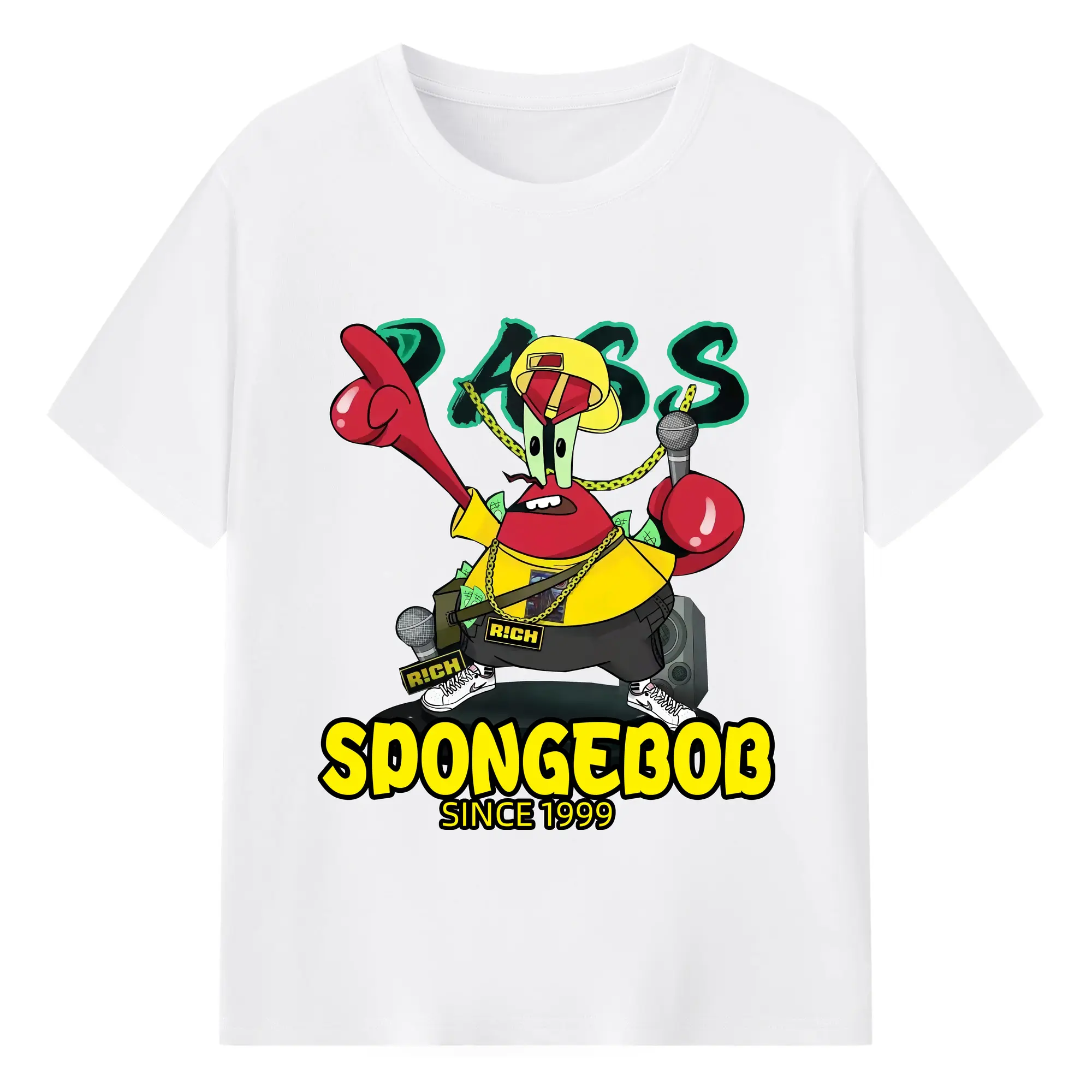 SpongeBob SquarePants Eugene Krabs hip hop style t-shirt - 180g Cotton T-Shirt With Front Heat Transfer Print – Soft, Lightweight, Fitted Design – Comfortable Casual Wear For Sports & Everyday Use
