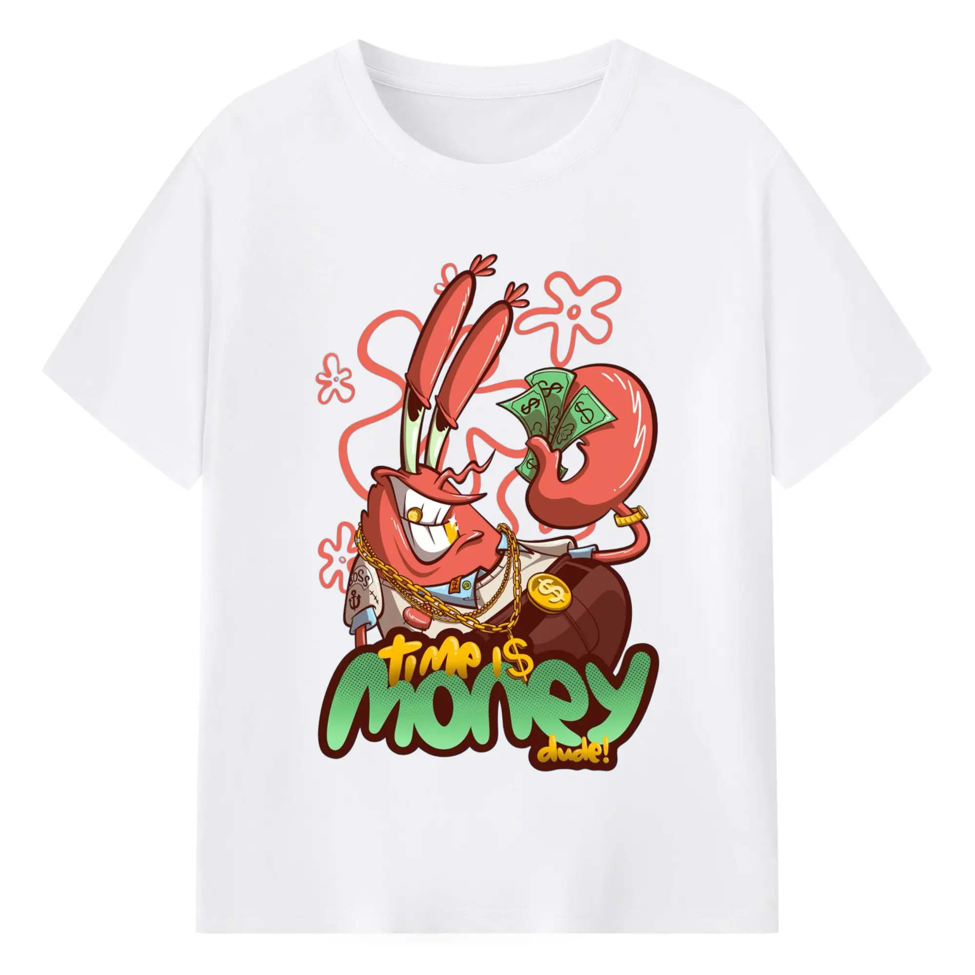 Spongebob Squarepants Mr. Krabs time is money Shirt - 180g Cotton T-Shirt With Front Heat Transfer Print – Soft, Lightweight, Fitted Design – Comfortable Casual Wear For Sports & Everyday Use