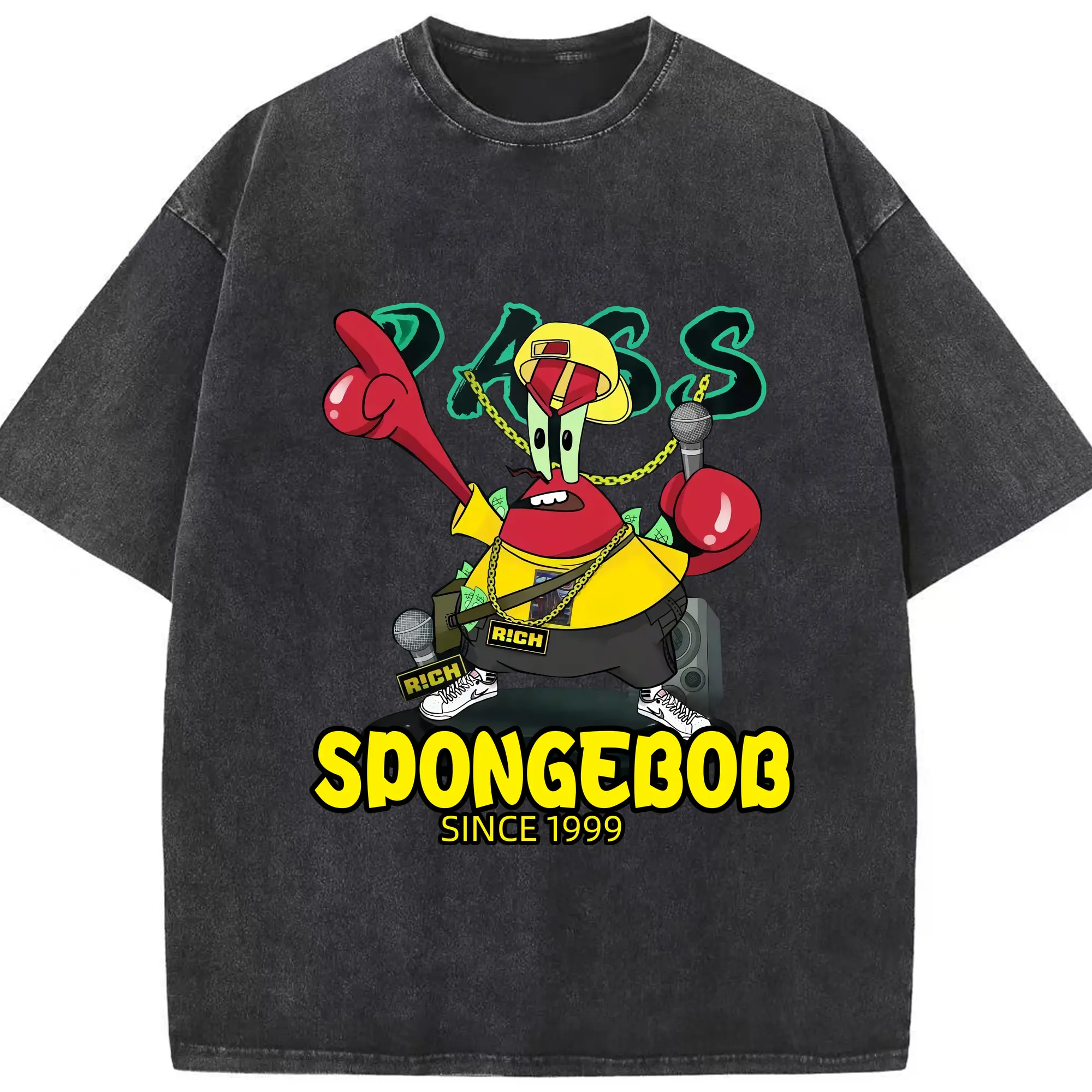 SpongeBob SquarePants Eugene Krabs hip hop style t-shirt - Washed Vintage Look 230g Cotton Oversized T-Shirt With Front Heat Transfer Print – Soft, Lightweight, Stylish Fit – Comfortable Casual Wear For Sports & Everyday Use