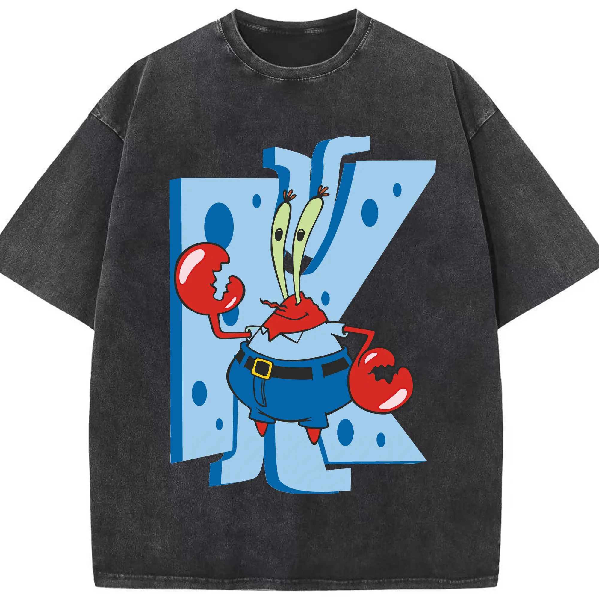 Spongebob Squarepants Mr. Costume Krabs Shirt - Washed Vintage Look 230g Cotton Oversized T-Shirt With Front Heat Transfer Print – Soft, Lightweight, Stylish Fit – Comfortable Casual Wear For Sports & Everyday Use