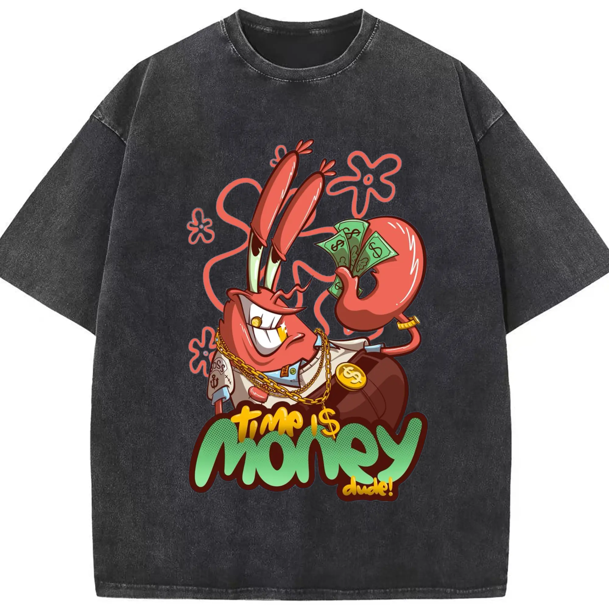 Spongebob Squarepants Mr. Krabs time is money Shirt - Washed Vintage Look 230g Cotton Oversized T-Shirt With Front Heat Transfer Print – Soft, Lightweight, Stylish Fit – Comfortable Casual Wear For Sports & Everyday Use