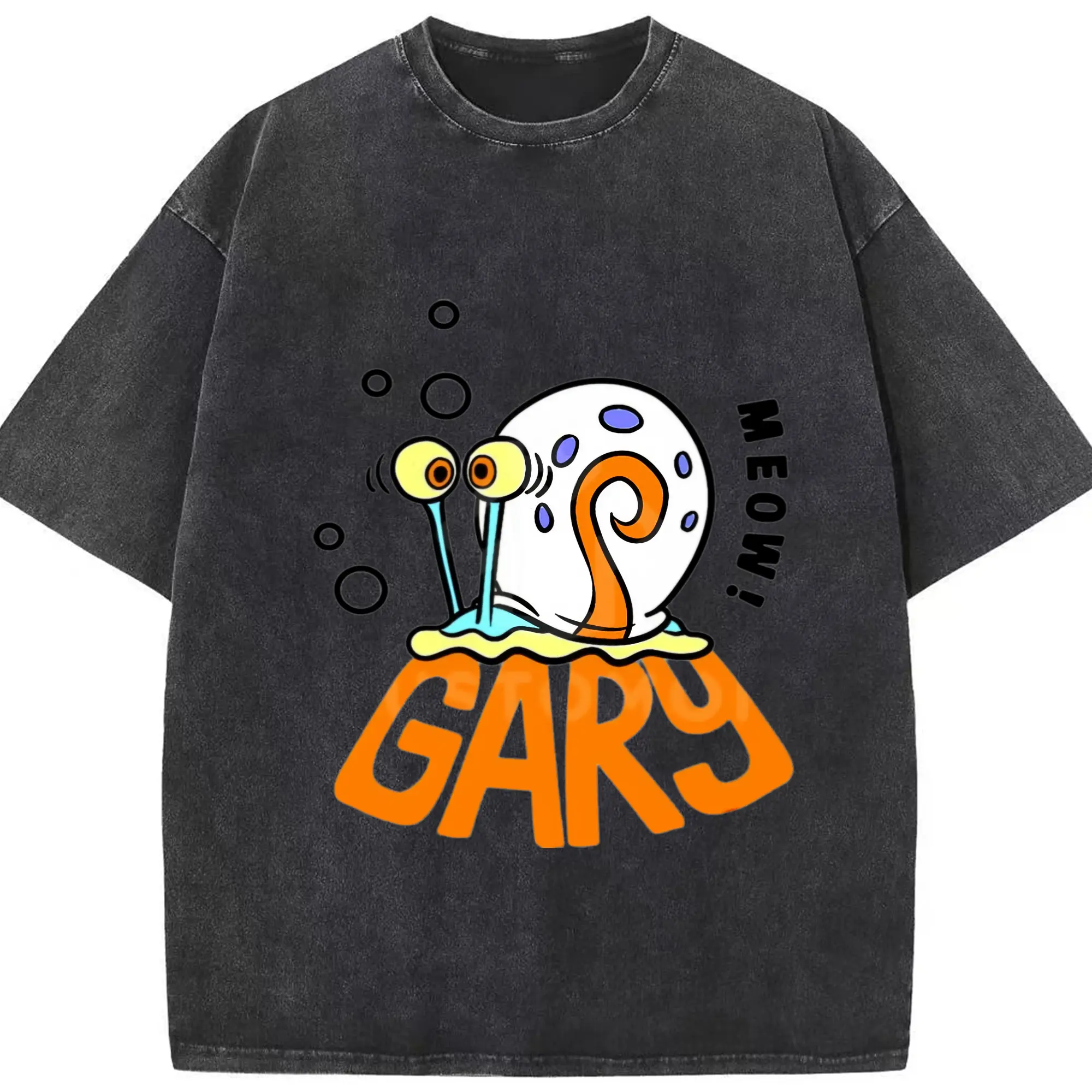 Gary The Snail Short Sleeve ‘meow’ Graphic T-Shirt - Washed Vintage Look 230g Cotton Oversized T-Shirt With Front Heat Transfer Print – Soft, Lightweight, Stylish Fit – Comfortable Casual Wear For Sports & Everyday Use