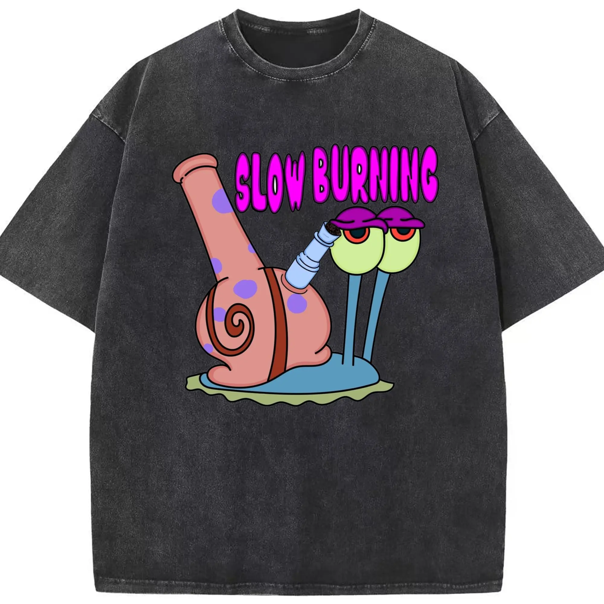 SpongeBob SquarePants Gary the Snail slow burning T-Shirt - Washed Vintage Look 230g Cotton Oversized T-Shirt With Front Heat Transfer Print – Soft, Lightweight, Stylish Fit – Comfortable Casual Wear For Sports & Everyday Use