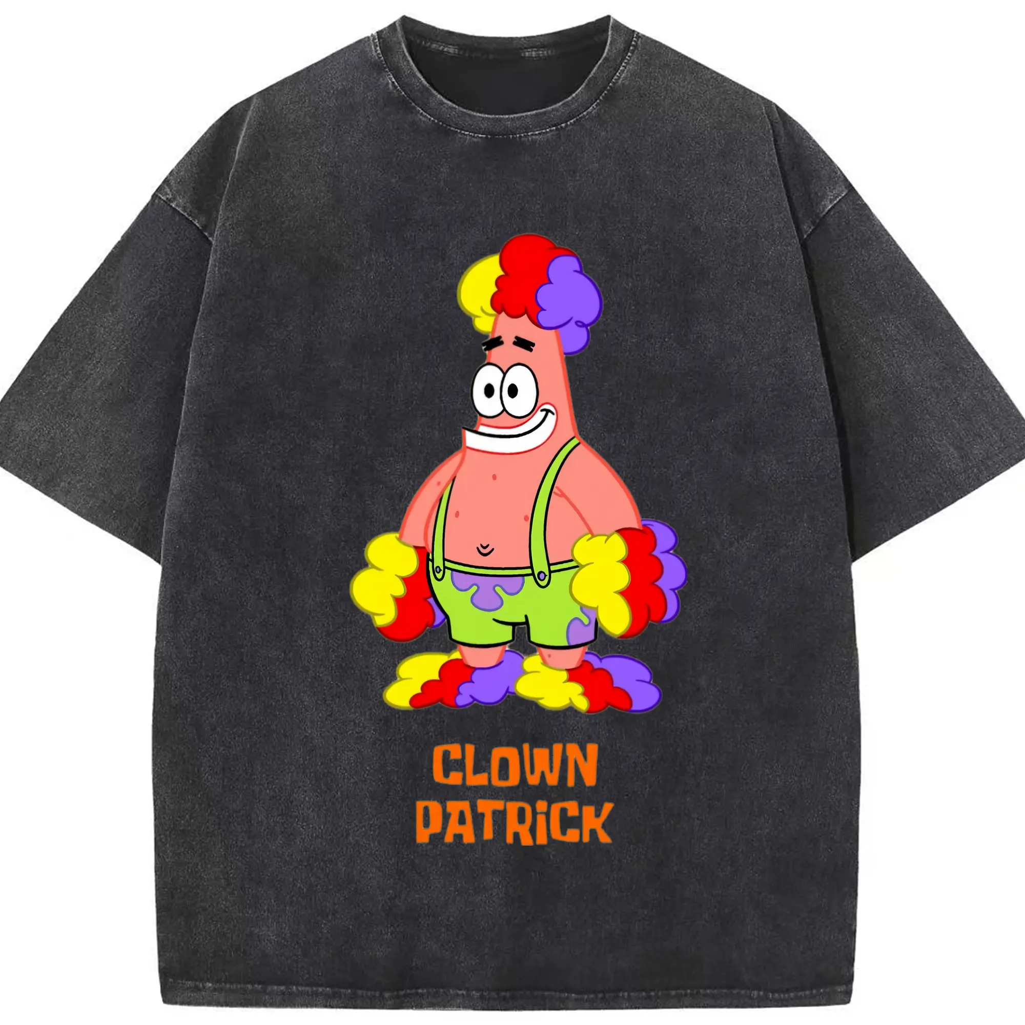 Mens  Patrick Star clown funny Graphic T-Shirt - Washed Vintage Look 230g Cotton Oversized T-Shirt With Front Heat Transfer Print – Soft, Lightweight, Stylish Fit – Comfortable Casual Wear For Sports & Everyday Use