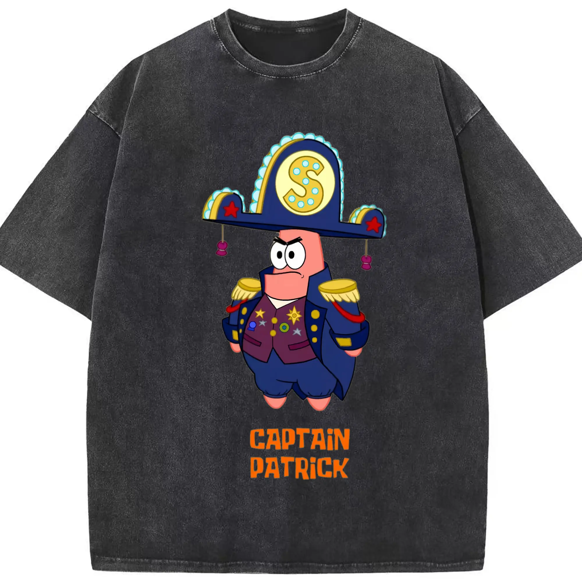 Mens Patrick Star captain Graphic T-Shirt - Washed Vintage Look 230g Cotton Oversized T-Shirt With Front Heat Transfer Print – Soft, Lightweight, Stylish Fit – Comfortable Casual Wear For Sports & Everyday Use