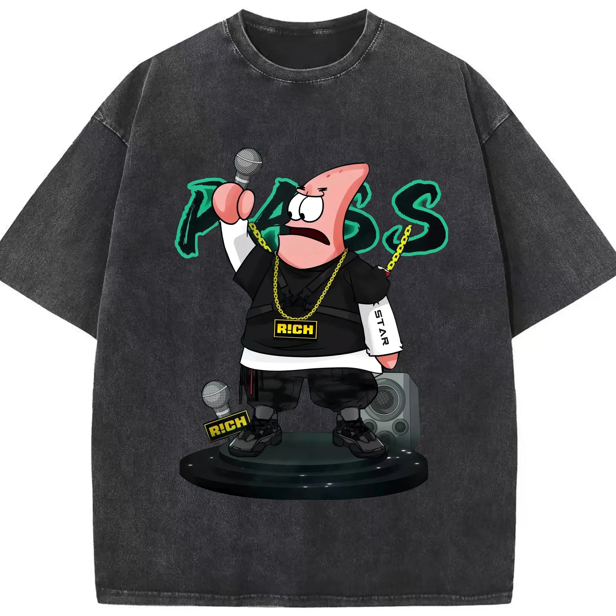 Mens Patrick Star hip hop Graphic T-Shirt - Washed Vintage Look 230g Cotton Oversized T-Shirt With Front Heat Transfer Print – Soft, Lightweight, Stylish Fit – Comfortable Casual Wear For Sports & Everyday Use