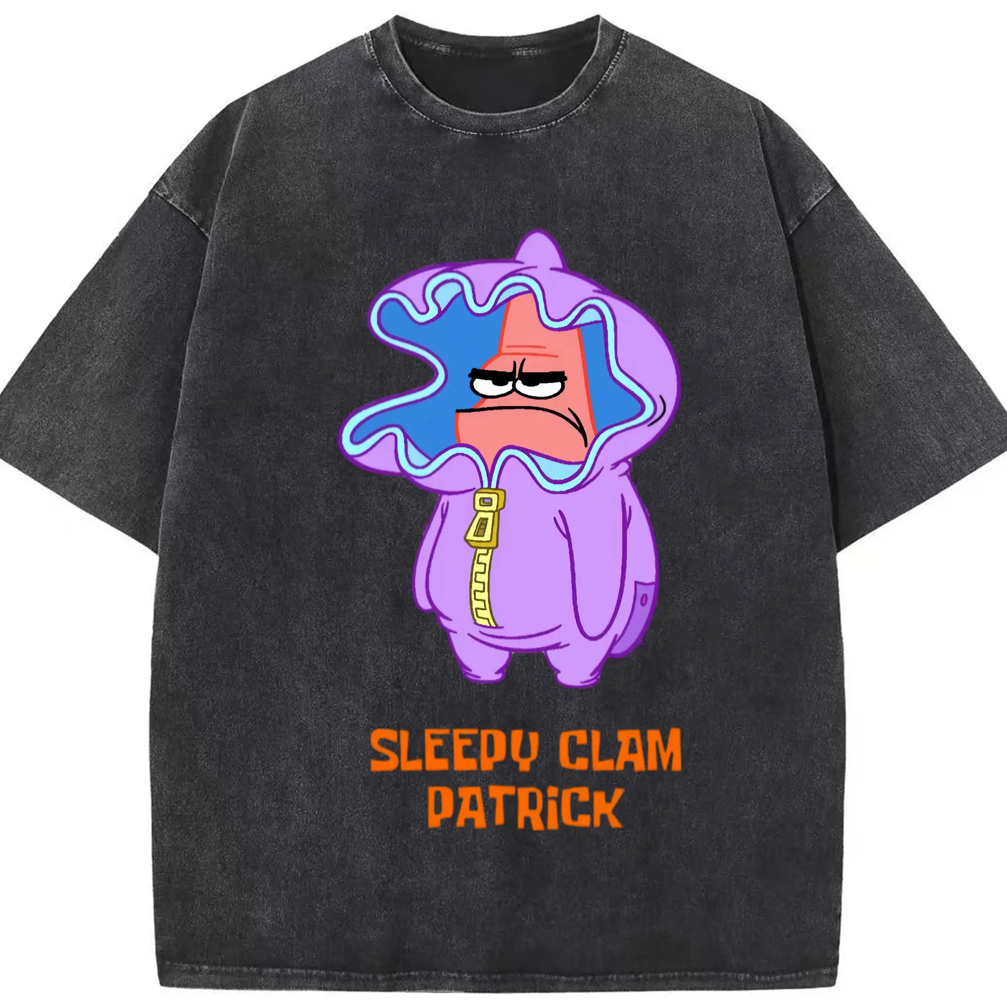 Spongebob patrick star sleepy clam t-shirt - Washed Vintage Look 230g Cotton Oversized T-Shirt With Front Heat Transfer Print – Soft, Lightweight, Stylish Fit – Comfortable Casual Wear For Sports & Everyday Use