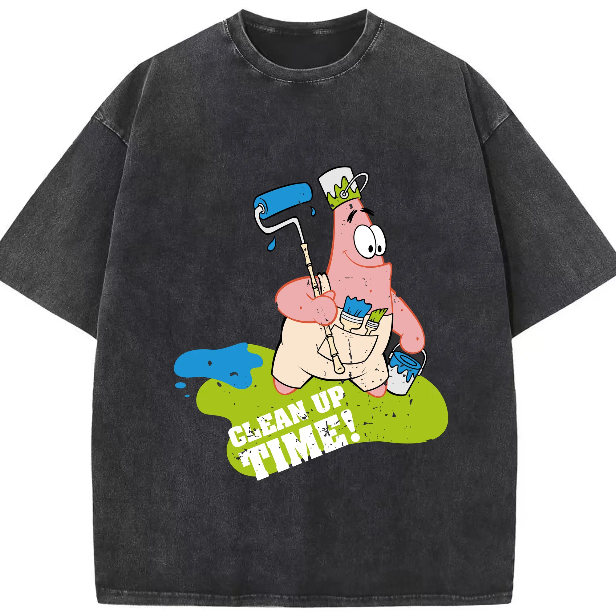 Patrick Star clean up time Graphic T-Shirt - Washed Vintage Look 230g Cotton Oversized T-Shirt With Front Heat Transfer Print – Soft, Lightweight, Stylish Fit – Comfortable Casual Wear For Sports & Everyday Use