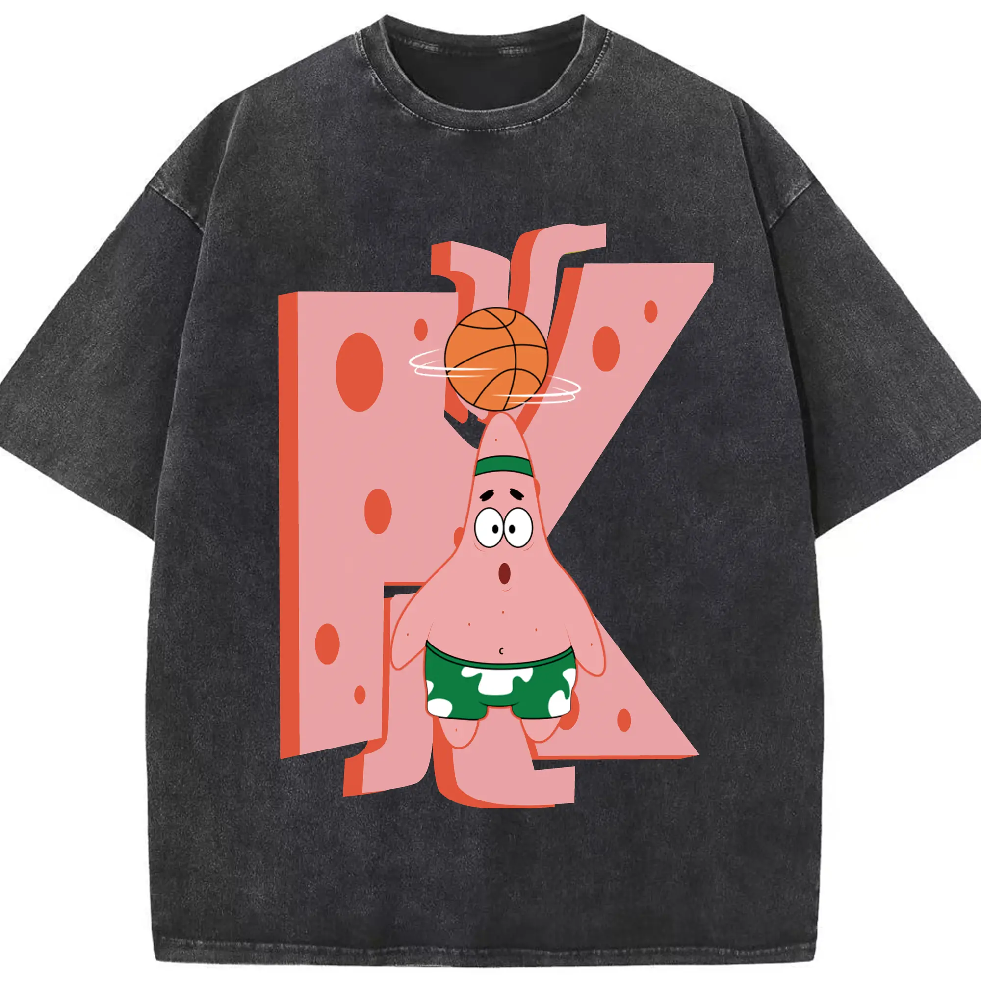 Patrick Star play basketball Graphic T-Shirt - Washed Vintage Look 230g Cotton Oversized T-Shirt With Front Heat Transfer Print – Soft, Lightweight, Stylish Fit – Comfortable Casual Wear For Sports & Everyday Use