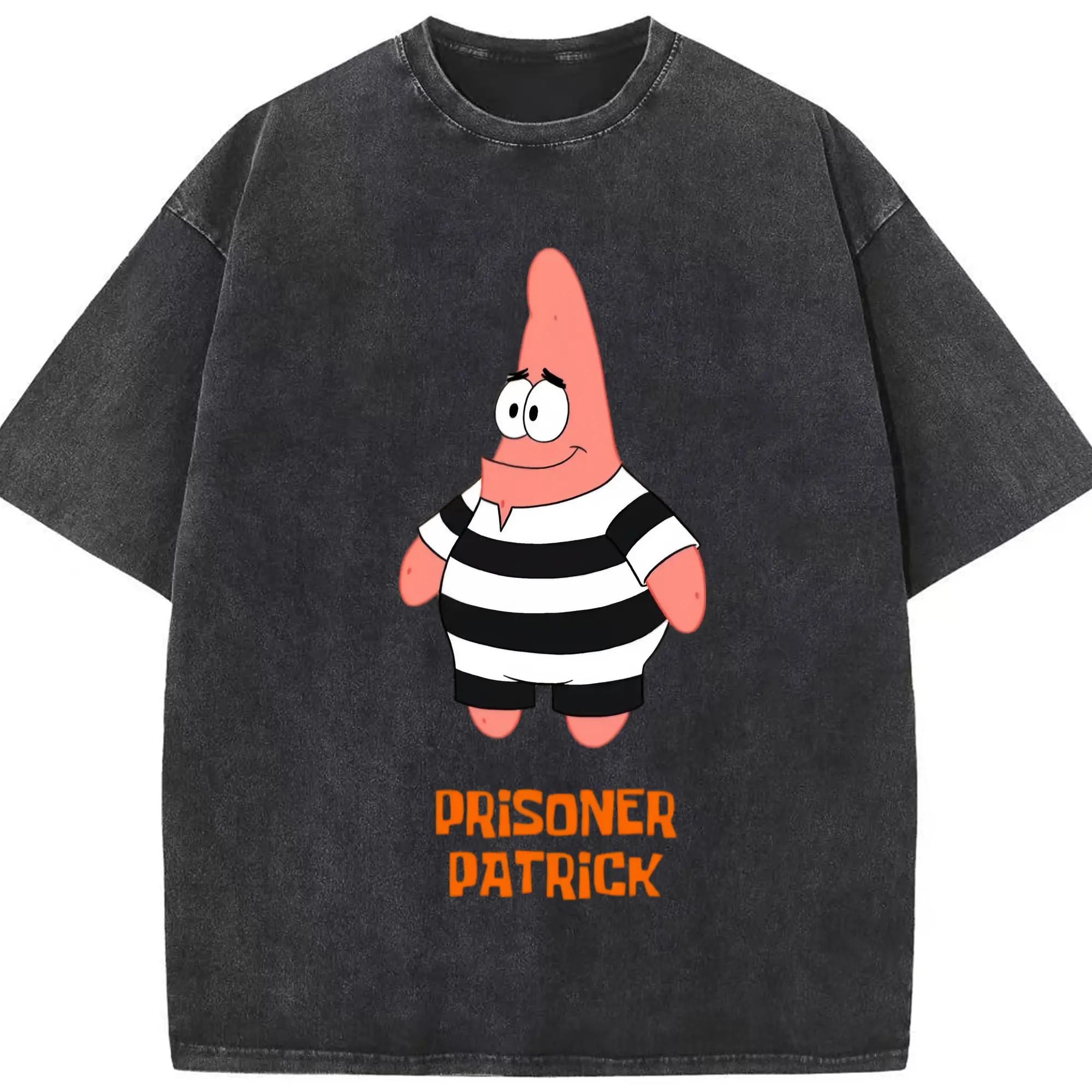 Patrick Star prisoner Graphic T-Shirt - Washed Vintage Look 230g Cotton Oversized T-Shirt With Front Heat Transfer Print – Soft, Lightweight, Stylish Fit – Comfortable Casual Wear For Sports & Everyday Use