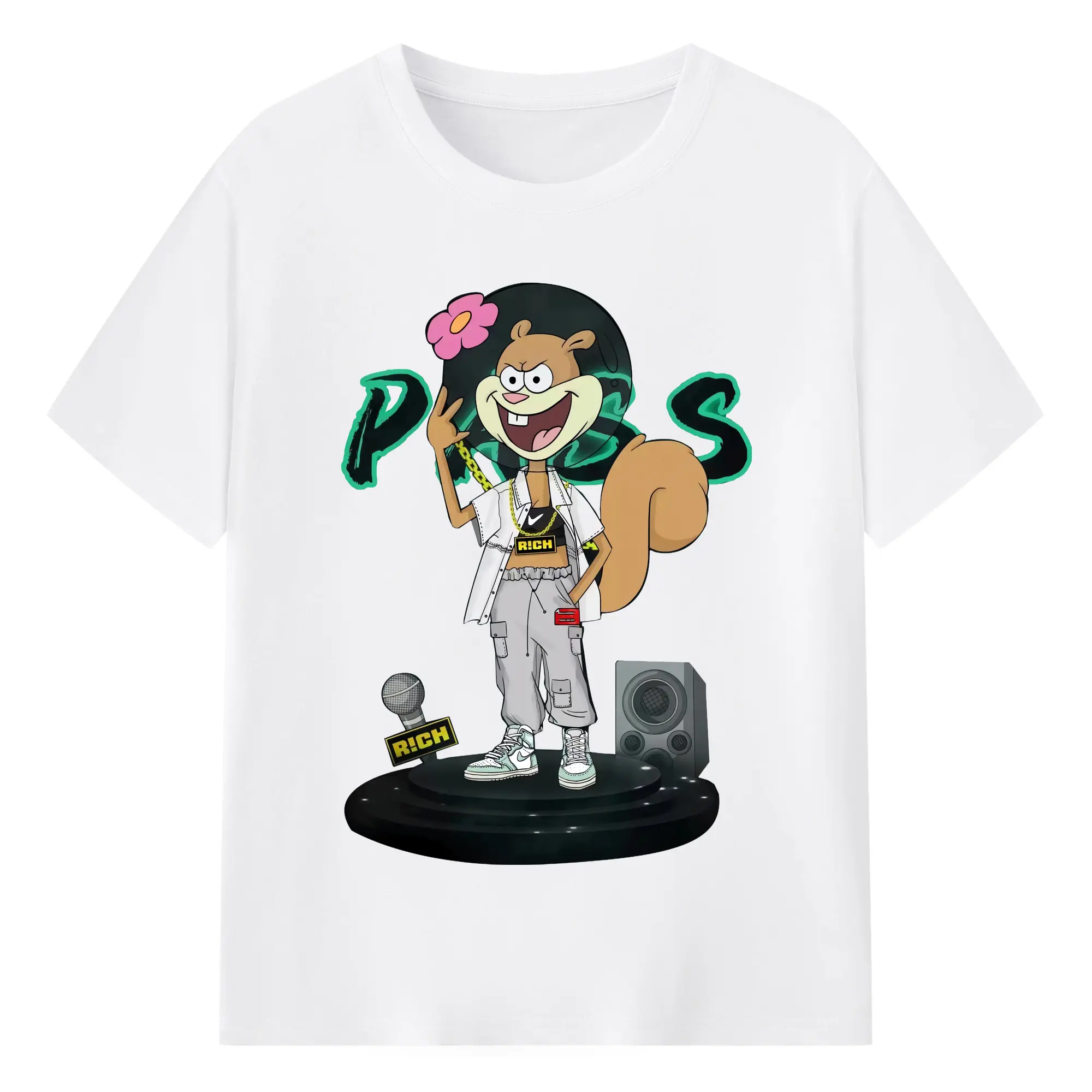 SpongeBob Sandy Cheeks hip hop Graphic Tee - 180g Cotton T-Shirt With Front Heat Transfer Print – Soft, Lightweight, Fitted Design – Comfortable Casual Wear For Sports & Everyday Use