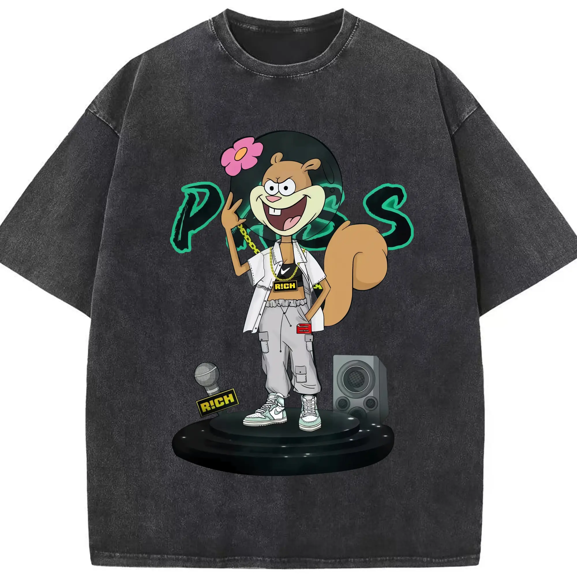 SpongeBob Sandy Cheeks hip hop Graphic Tee - Washed Vintage Look 230g Cotton Oversized T-Shirt With Front Heat Transfer Print – Soft, Lightweight, Stylish Fit – Comfortable Casual Wear For Sports & Everyday Use