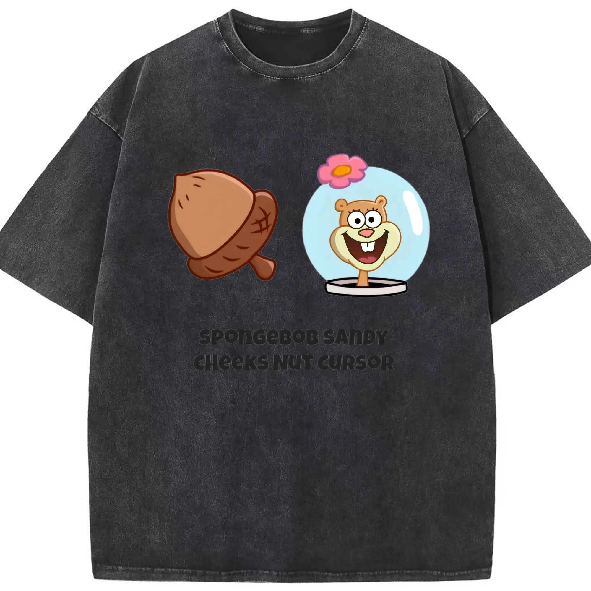 SpongeBob Sandy Cheeks nut cursor t-shirt - Washed Vintage Look 230g Cotton Oversized T-Shirt With Front Heat Transfer Print – Soft, Lightweight, Stylish Fit – Comfortable Casual Wear For Sports & Everyday Use