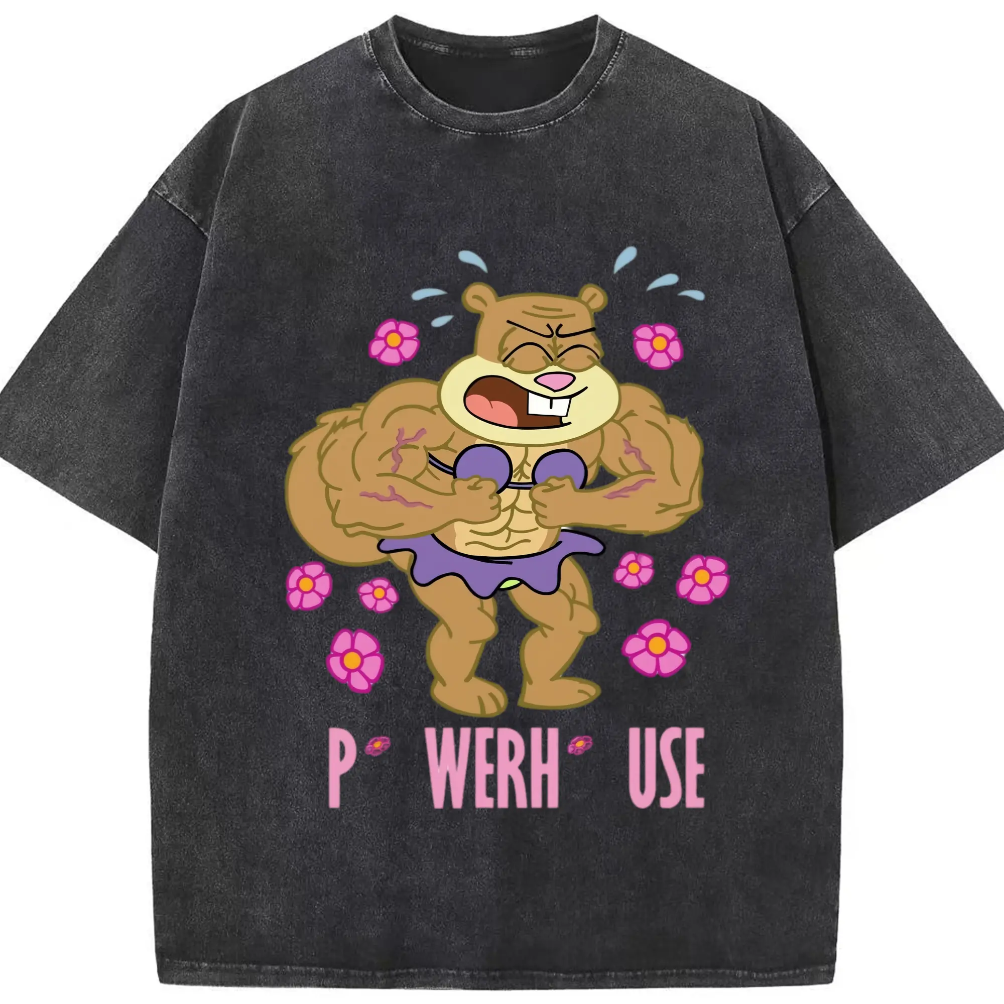 SpongeBob Sandy Cheeks show power Graphic Tee - Washed Vintage Look 230g Cotton Oversized T-Shirt With Front Heat Transfer Print – Soft, Lightweight, Stylish Fit – Comfortable Casual Wear For Sports & Everyday Use