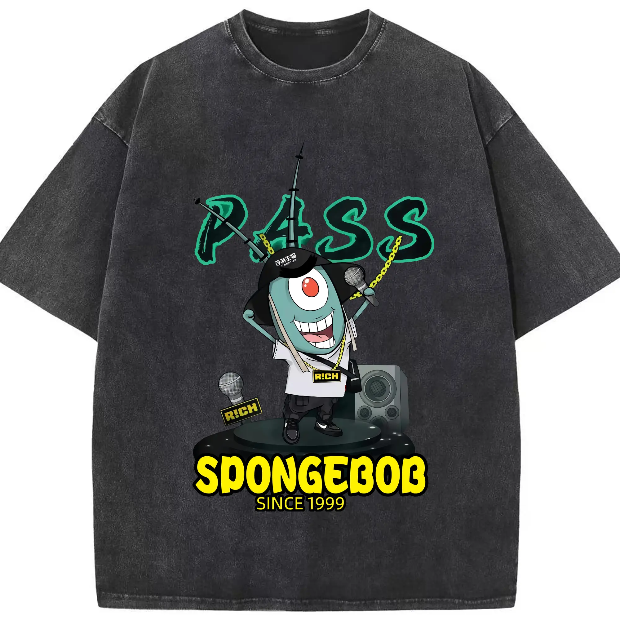 Sheldon J. Plankton hip hop shirt - Washed Vintage Look 230g Cotton Oversized T-Shirt With Front Heat Transfer Print – Soft, Lightweight, Stylish Fit – Comfortable Casual Wear For Sports & Everyday Use