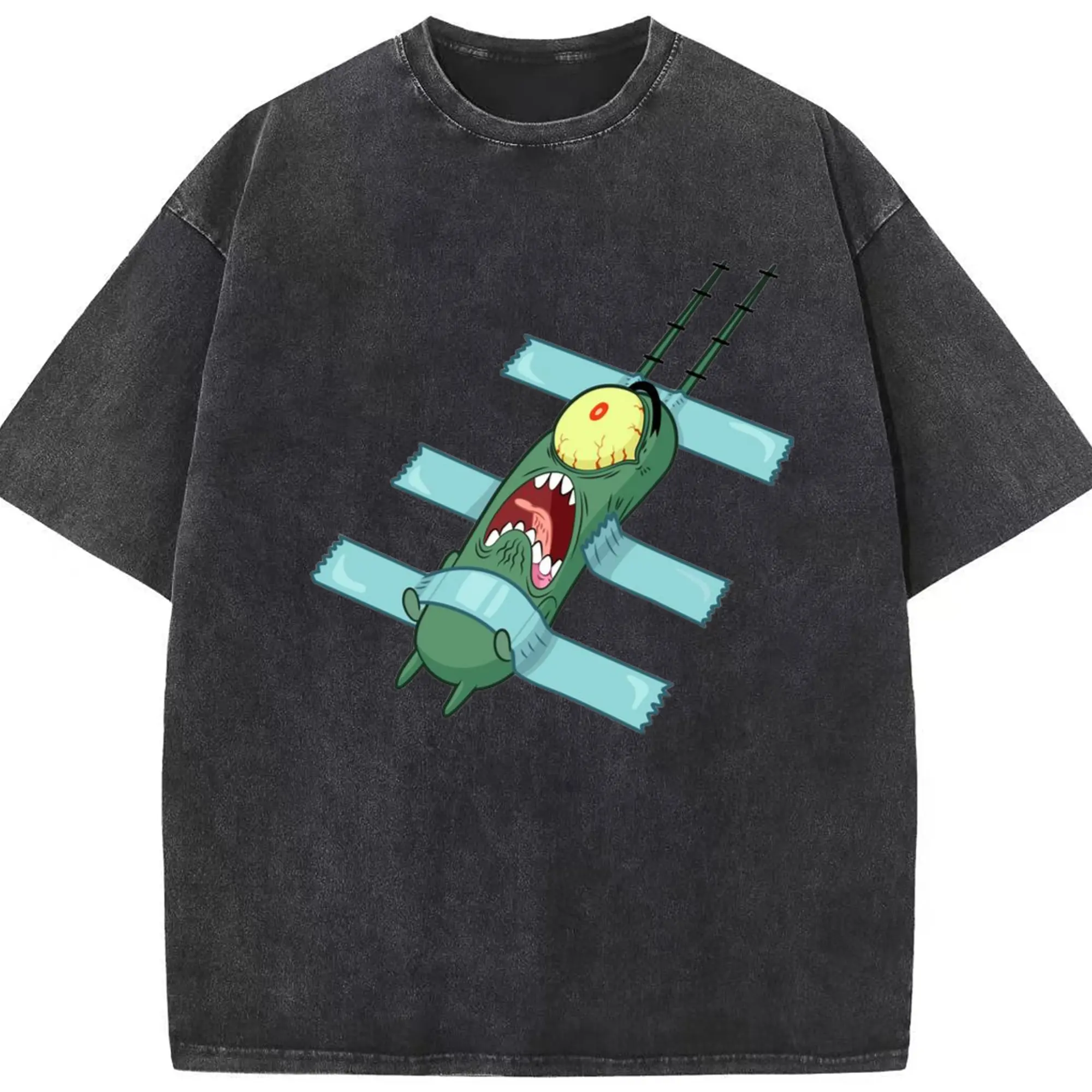 Sheldon J. Plankton sream Graphic T-Shirt - Washed Vintage Look 230g Cotton Oversized T-Shirt With Front Heat Transfer Print – Soft, Lightweight, Stylish Fit – Comfortable Casual Wear For Sports & Everyday Use