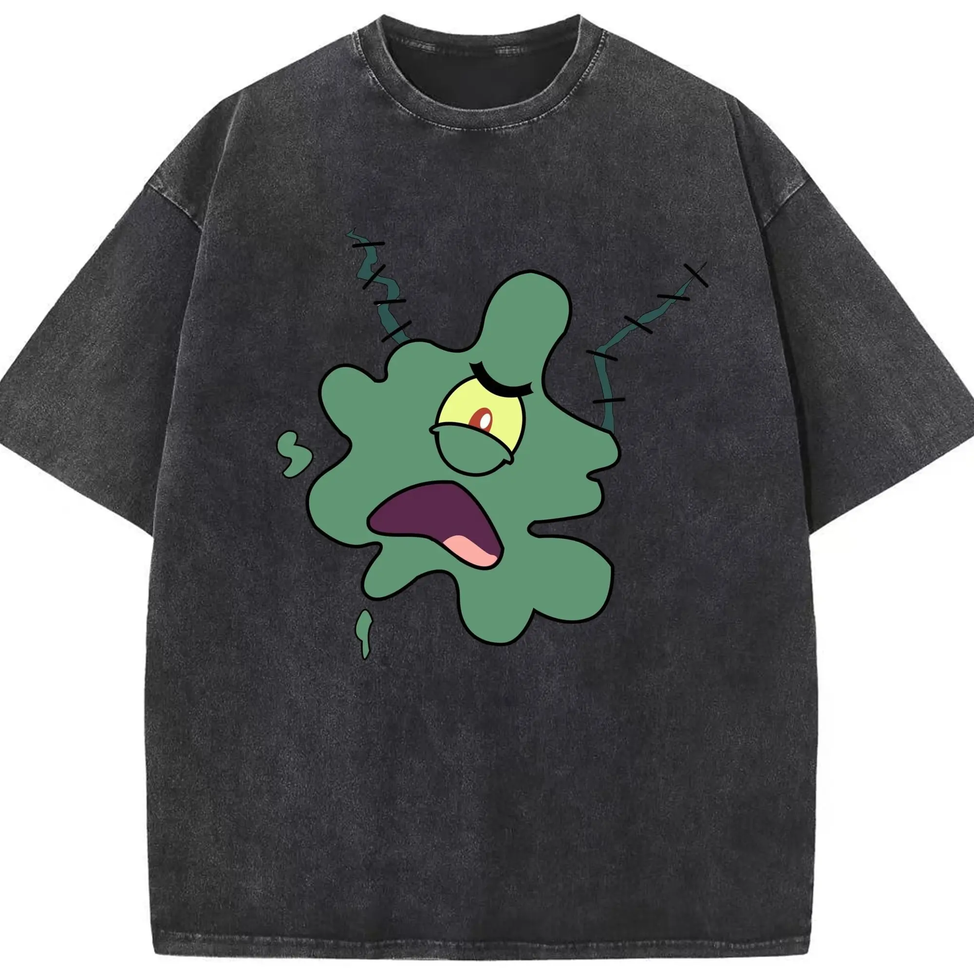 Spongebob  Sheldon J. Plankton flaser mudface tee - Washed Vintage Look 230g Cotton Oversized T-Shirt With Front Heat Transfer Print – Soft, Lightweight, Stylish Fit – Comfortable Casual Wear For Sports & Everyday Use