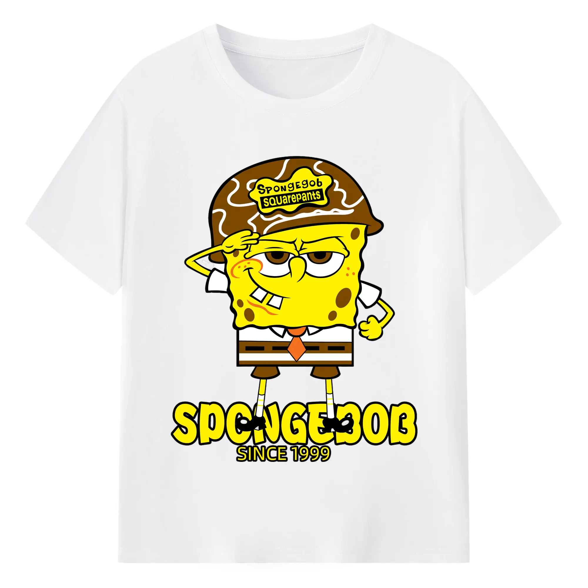 Adults spongebob squarepants soldier graphic t shirts - 180g Cotton T-Shirt With Front Heat Transfer Print – Soft, Lightweight, Fitted Design – Comfortable Casual Wear For Sports & Everyday Use
