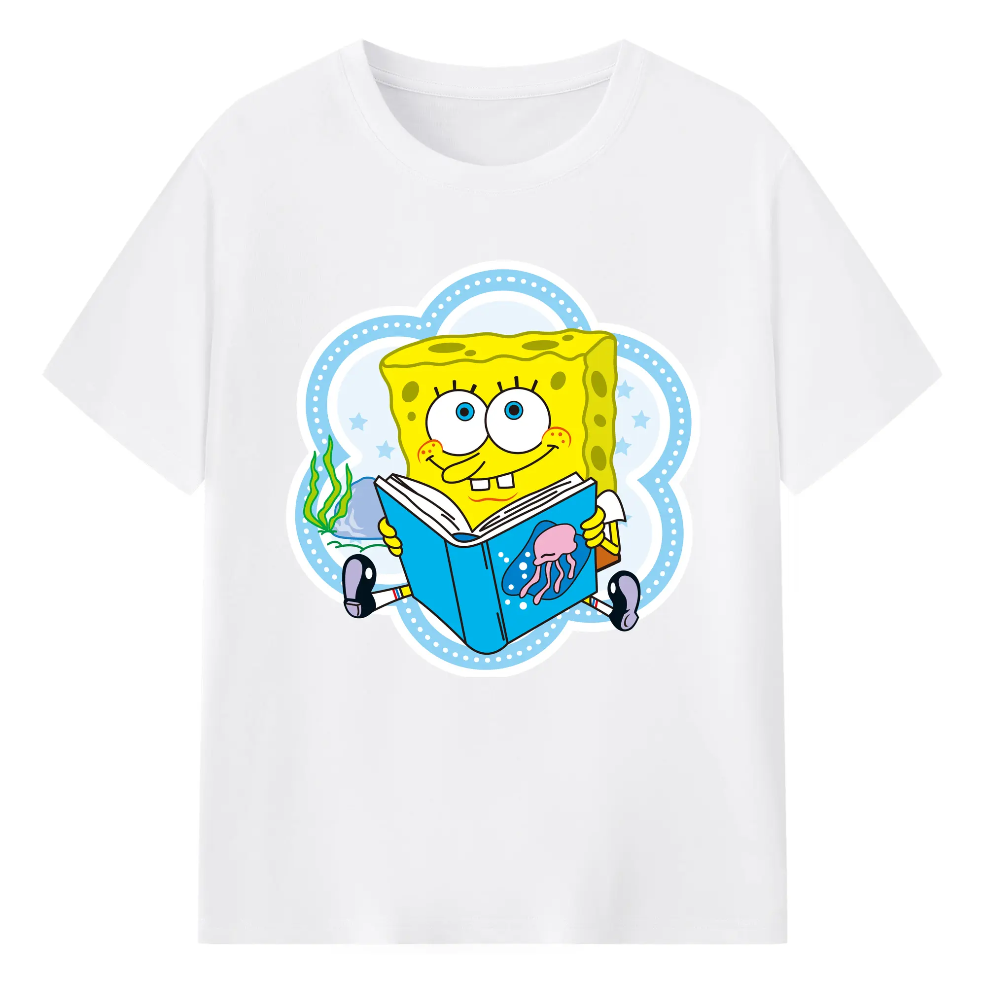 Spongebob squarepants reading book graphic t-shirt - 180g Cotton T-Shirt With Front Heat Transfer Print – Soft, Lightweight, Fitted Design – Comfortable Casual Wear For Sports & Everyday Use