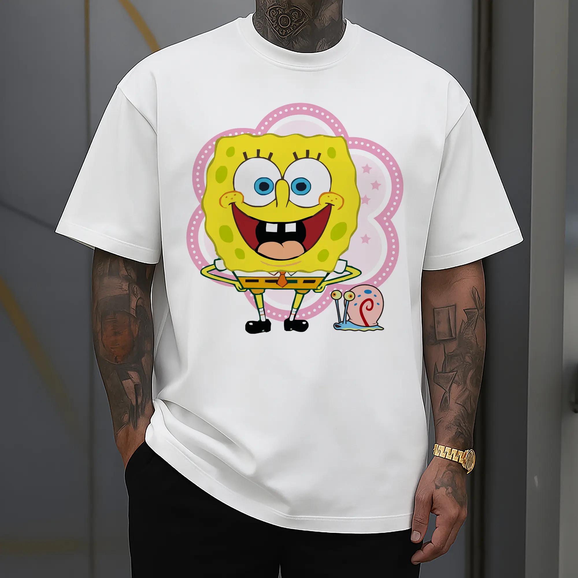 spongebob squarepants and gay the snail graphic t-shirt