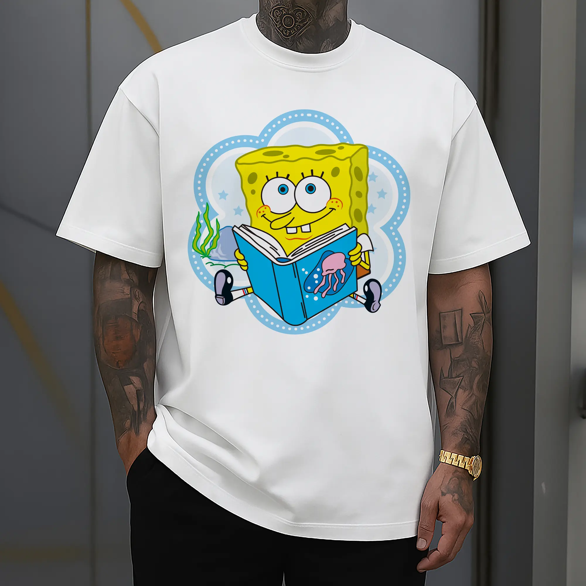 spongebob squarepants reading book graphic t-shirt