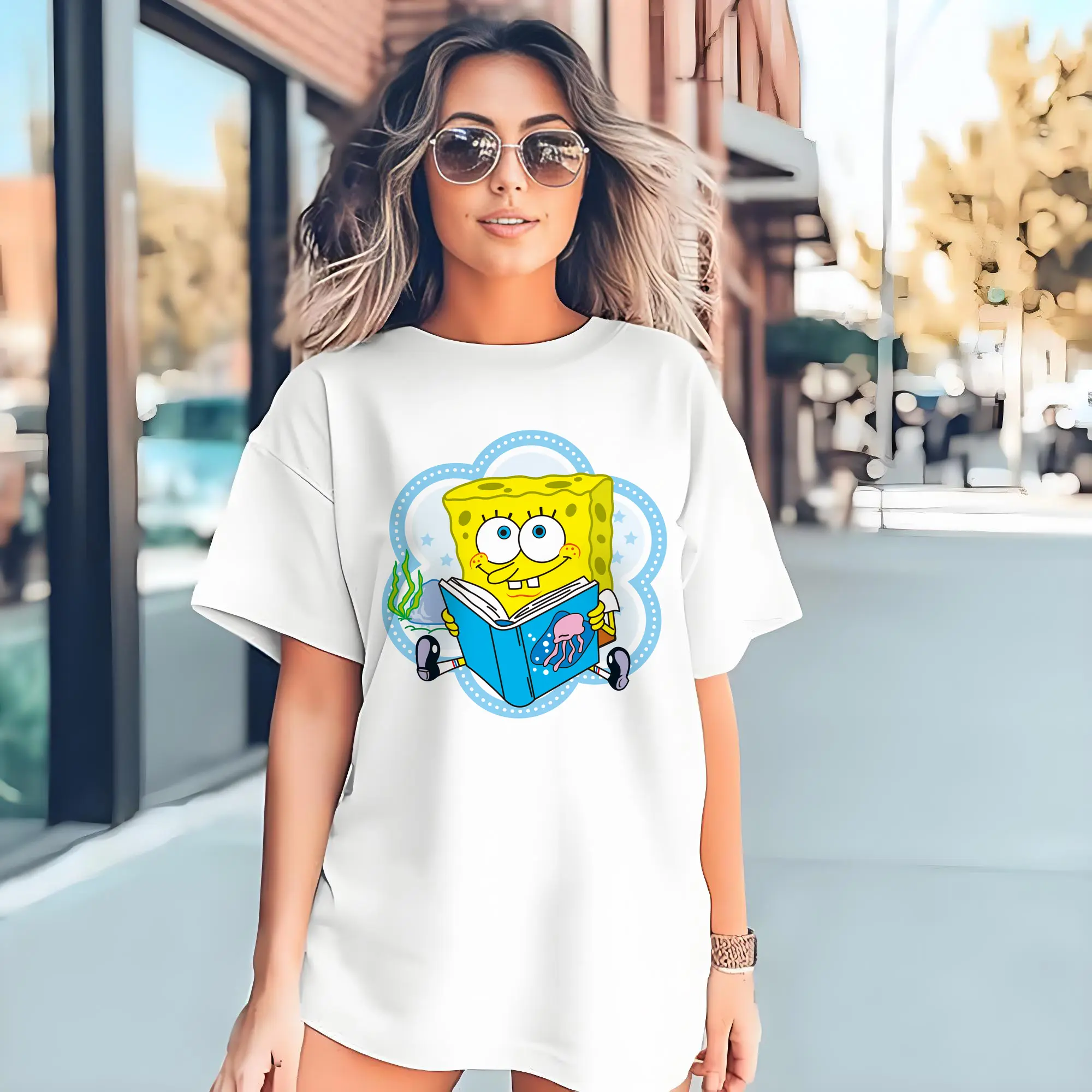 spongebob squarepants reading book graphic t-shirt