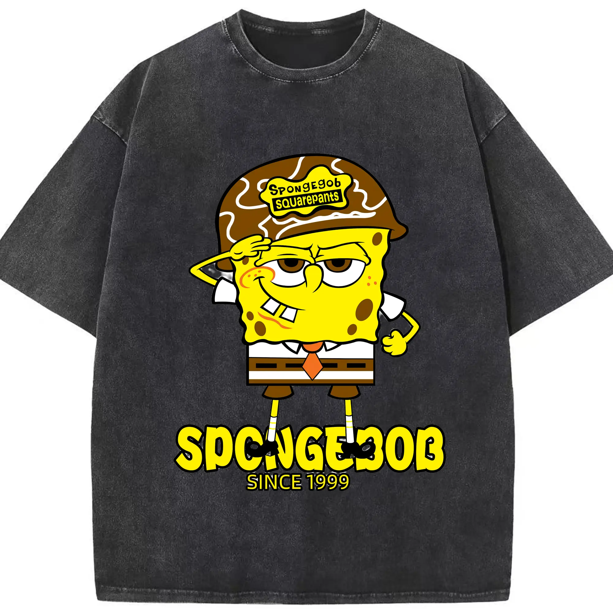 Adults spongebob squarepants soldier graphic t shirts - Washed Vintage Look 230g Cotton Oversized T-Shirt With Front Heat Transfer Print – Soft, Lightweight, Stylish Fit – Comfortable Casual Wear For Sports & Everyday Use