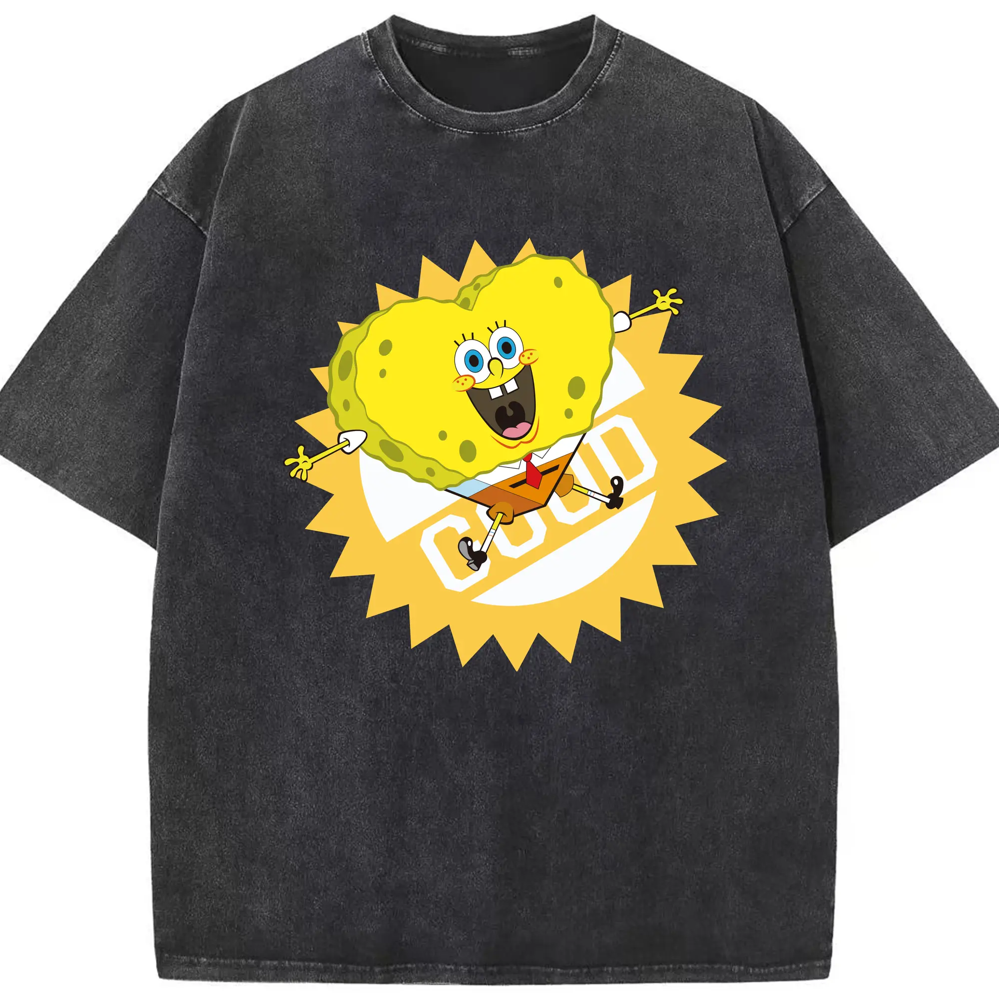 Heart-shaped spongebob squarepants t shirt - Washed Vintage Look 230g Cotton Oversized T-Shirt With Front Heat Transfer Print – Soft, Lightweight, Stylish Fit – Comfortable Casual Wear For Sports & Everyday Use