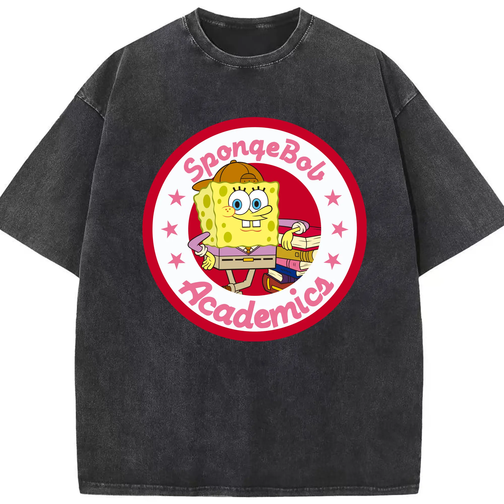 Mens spongebob squarepants  academic t-shirt - Washed Vintage Look 230g Cotton Oversized T-Shirt With Front Heat Transfer Print – Soft, Lightweight, Stylish Fit – Comfortable Casual Wear For Sports & Everyday Use