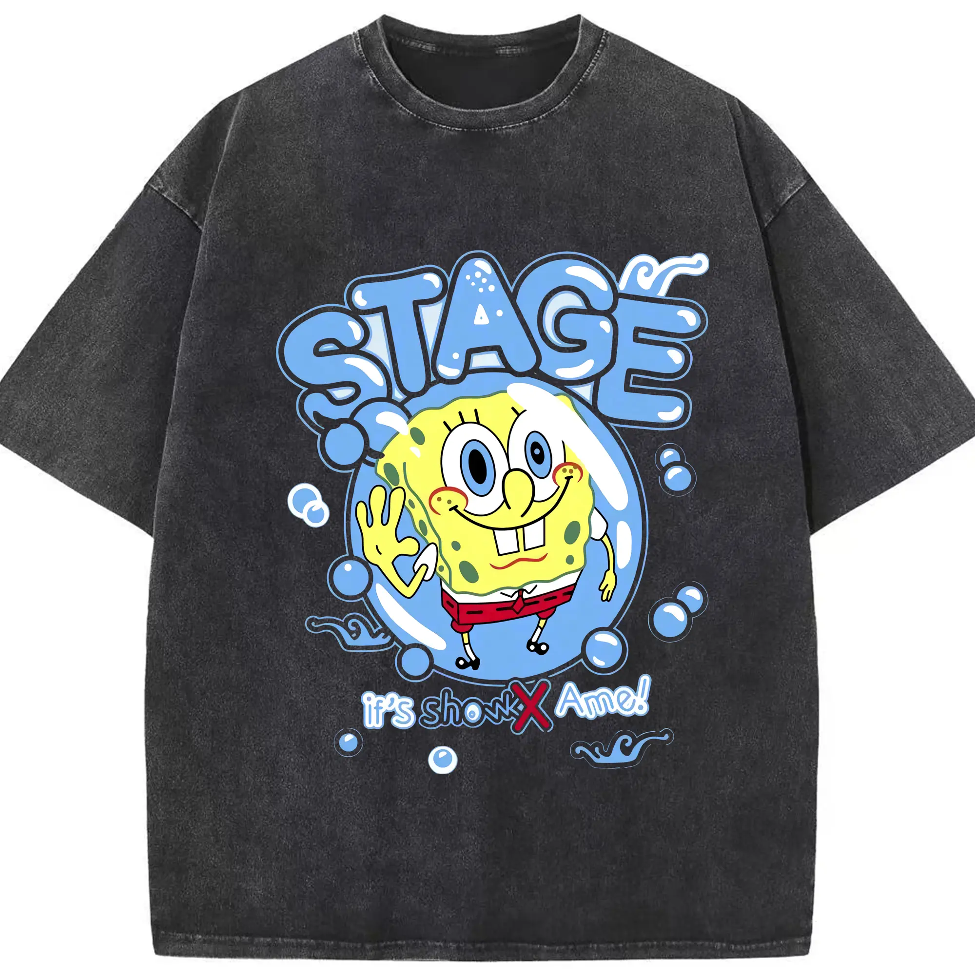 Spongebob squarepants ‘if show me ’graphic t-shirt - Washed Vintage Look 230g Cotton Oversized T-Shirt With Front Heat Transfer Print – Soft, Lightweight, Stylish Fit – Comfortable Casual Wear For Sports & Everyday Use