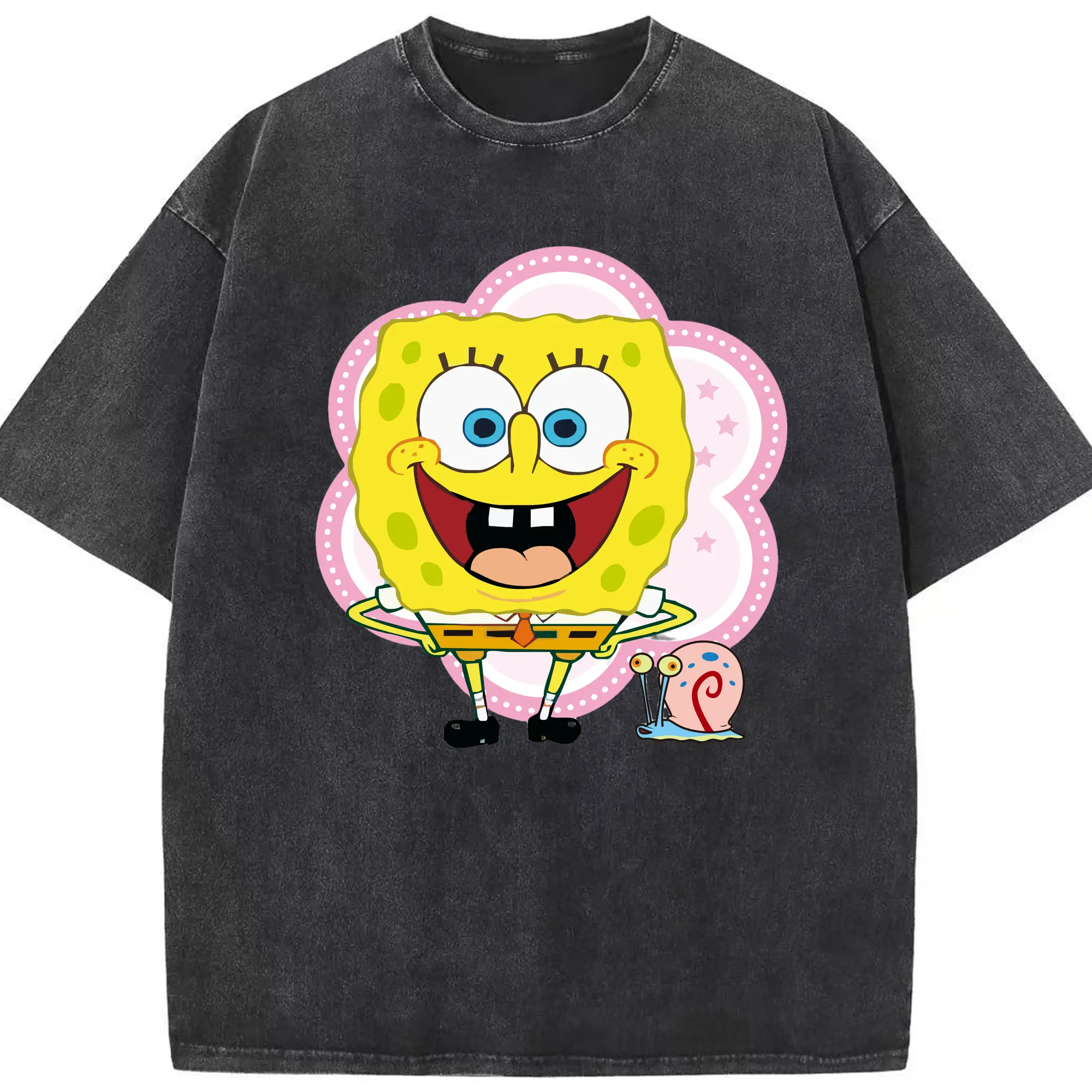 Spongebob squarepants and gay the snail graphic t-shirt - Washed Vintage Look 230g Cotton Oversized T-Shirt With Front Heat Transfer Print – Soft, Lightweight, Stylish Fit – Comfortable Casual Wear For Sports & Everyday Use
