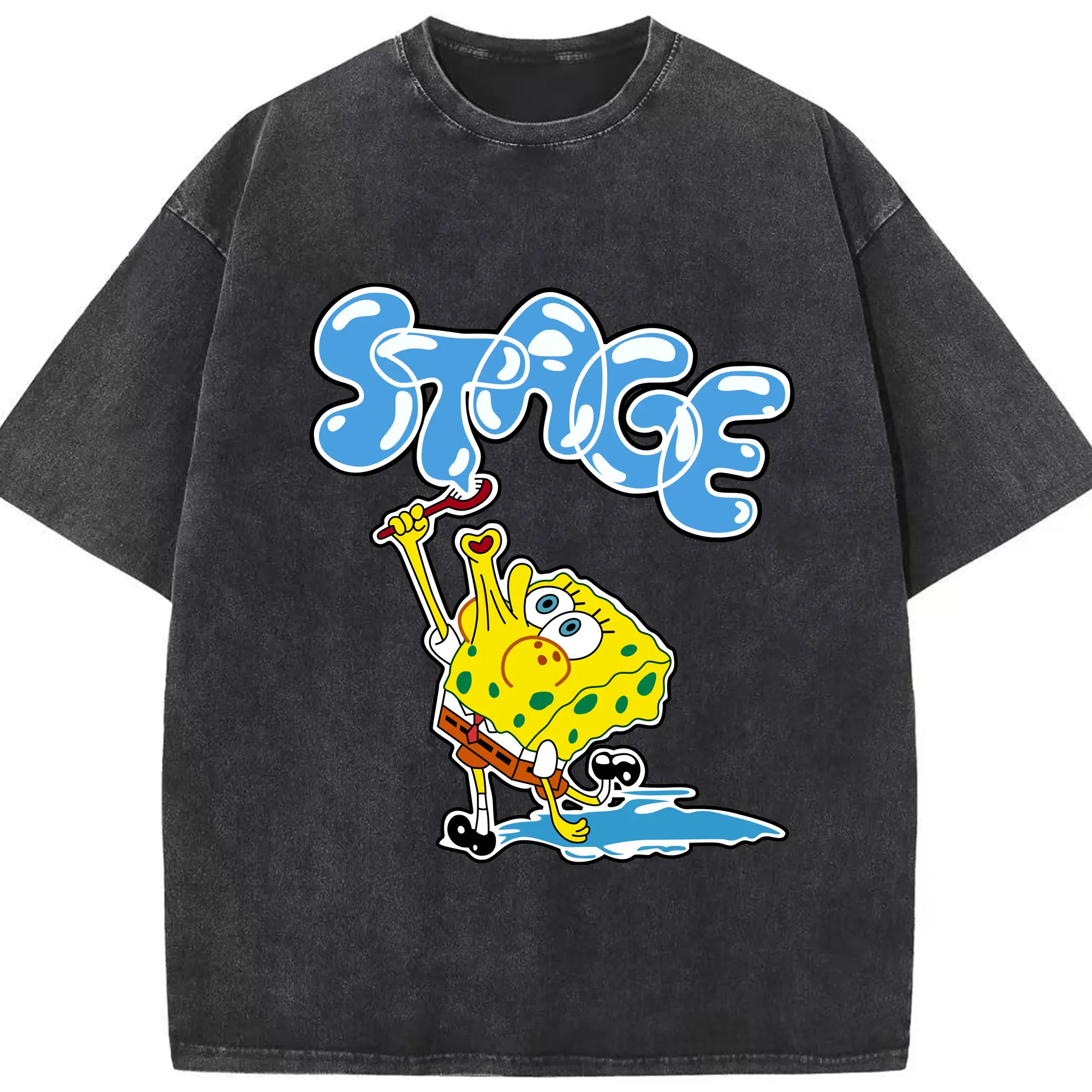 Spongebob squarepants blow bubbles designs t shirt - Washed Vintage Look 230g Cotton Oversized T-Shirt With Front Heat Transfer Print – Soft, Lightweight, Stylish Fit – Comfortable Casual Wear For Sports & Everyday Use