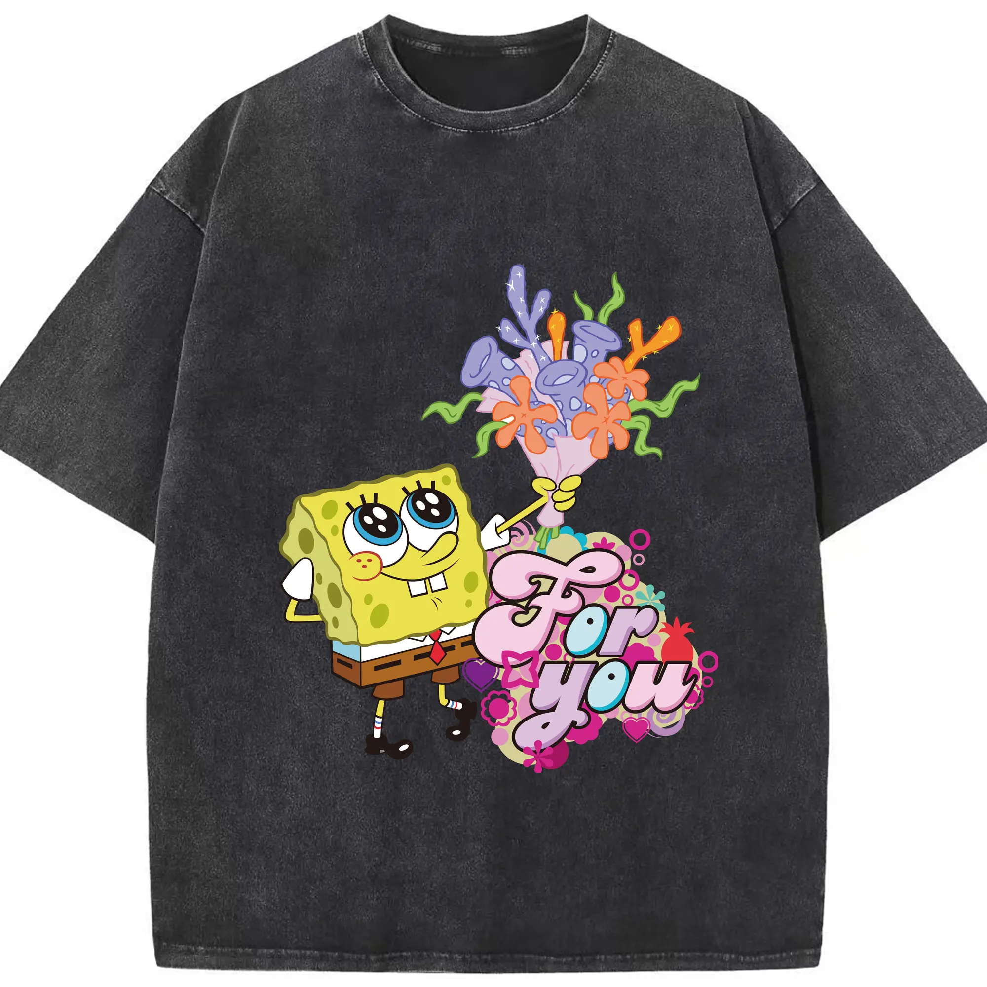Spongebob squarepants for you t shirt - Washed Vintage Look 230g Cotton Oversized T-Shirt With Front Heat Transfer Print – Soft, Lightweight, Stylish Fit – Comfortable Casual Wear For Sports & Everyday Use
