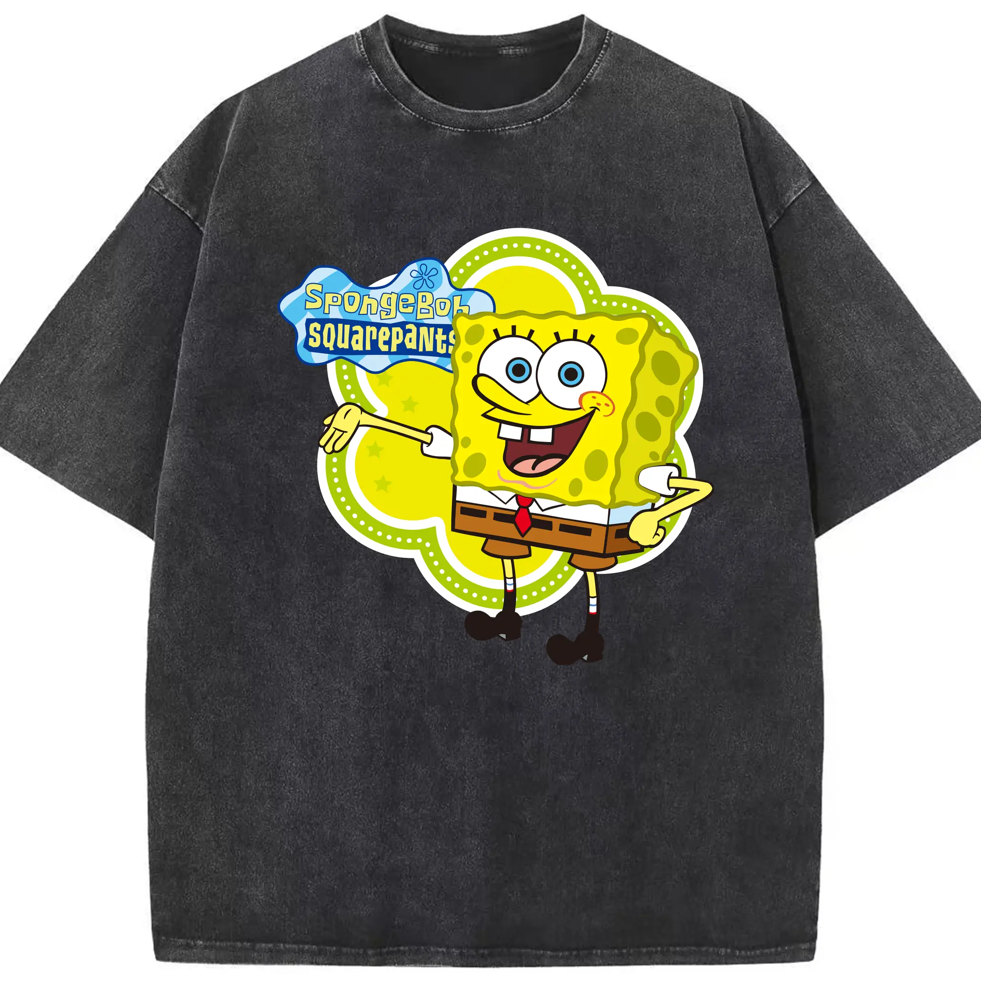 Spongebob squarepants graphic t-shirt - Washed Vintage Look 230g Cotton Oversized T-Shirt With Front Heat Transfer Print – Soft, Lightweight, Stylish Fit – Comfortable Casual Wear For Sports & Everyday Use