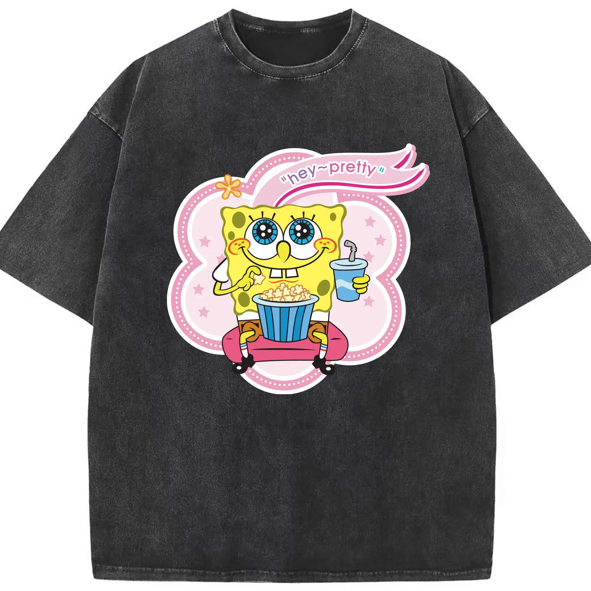 Spongebob squarepants 'ha! pretty' graphic t-shirt - Washed Vintage Look 230g Cotton Oversized T-Shirt With Front Heat Transfer Print – Soft, Lightweight, Stylish Fit – Comfortable Casual Wear For Sports & Everyday Use