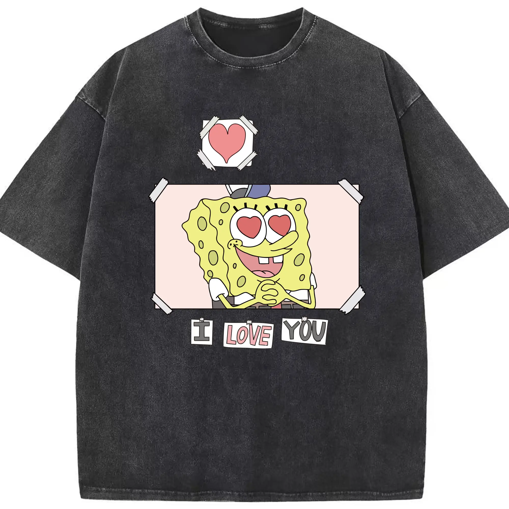 Spongebob squarepants i love you  graphic t-shirt - Washed Vintage Look 230g Cotton Oversized T-Shirt With Front Heat Transfer Print – Soft, Lightweight, Stylish Fit – Comfortable Casual Wear For Sports & Everyday Use