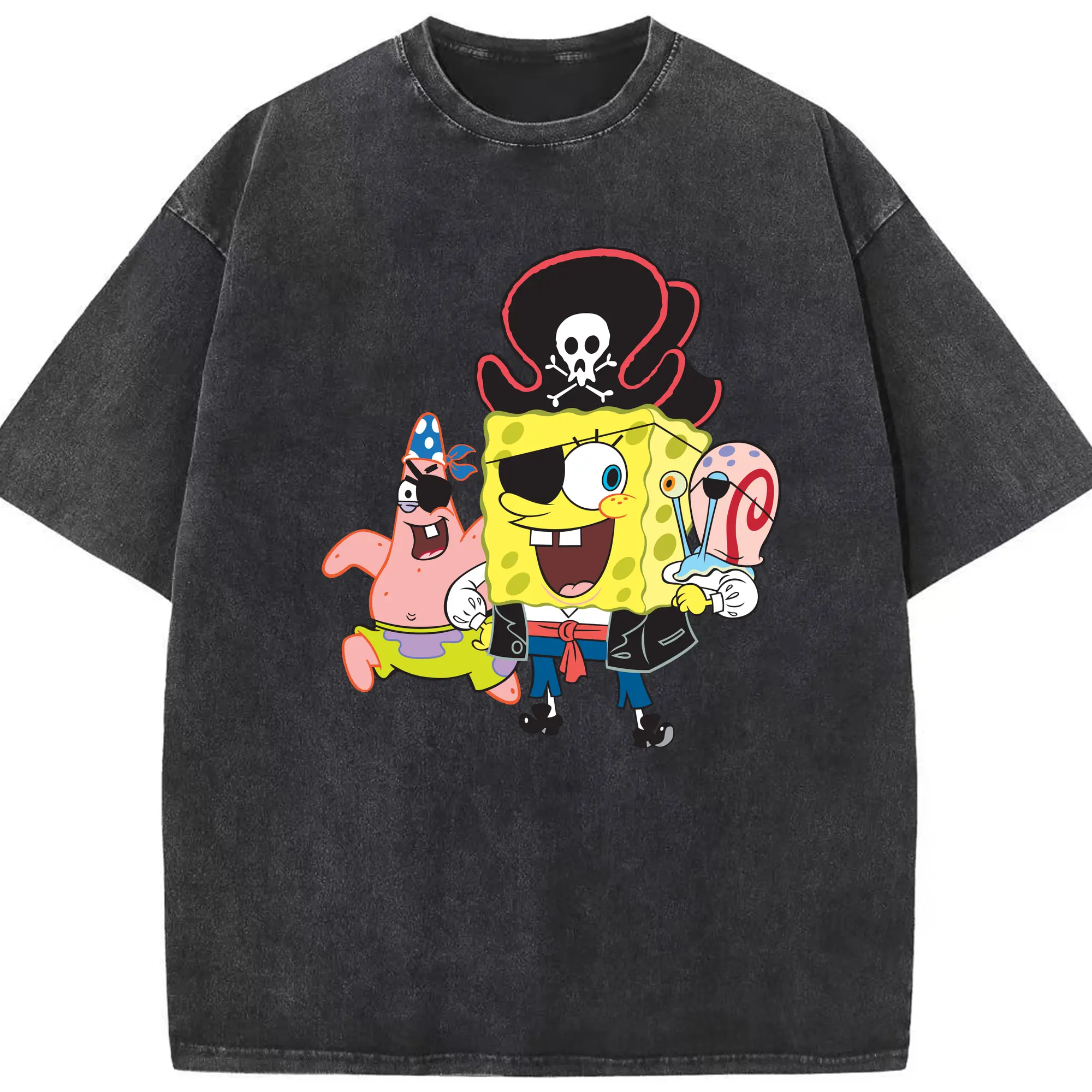 Spongebob squarepants Pirate costume graphic t-shirt - Washed Vintage Look 230g Cotton Oversized T-Shirt With Front Heat Transfer Print – Soft, Lightweight, Stylish Fit – Comfortable Casual Wear For Sports & Everyday Use
