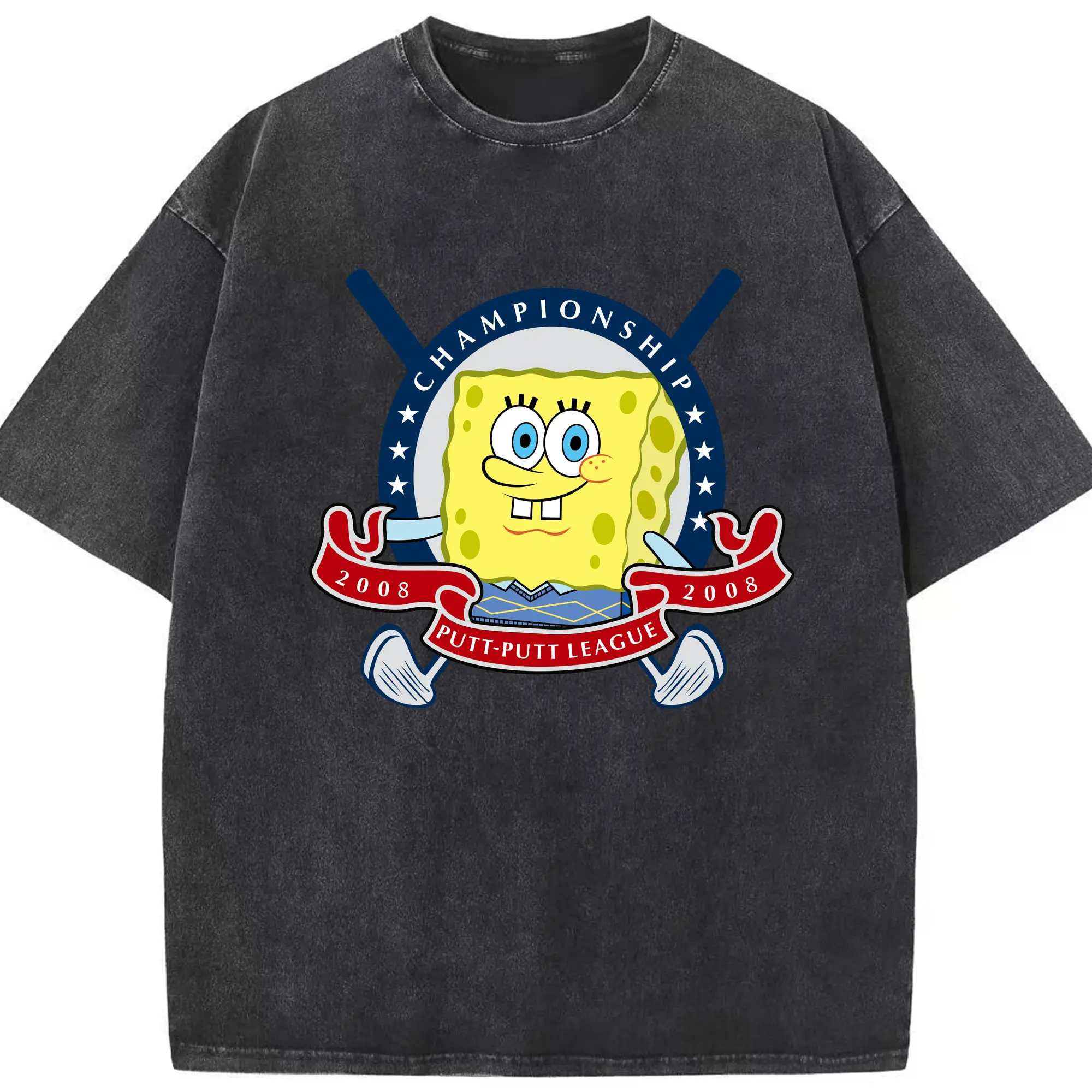 Spongebob squarepants putt putt league art t shirt - Washed Vintage Look 230g Cotton Oversized T-Shirt With Front Heat Transfer Print – Soft, Lightweight, Stylish Fit – Comfortable Casual Wear For Sports & Everyday Use