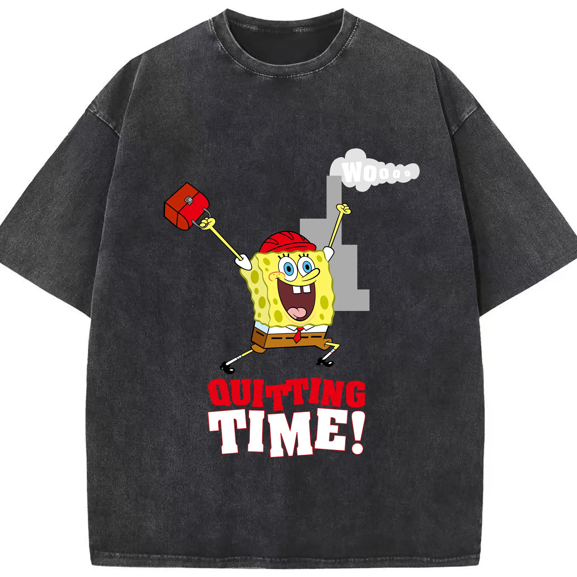 Spongebob squarepants quitting time graphic t-shirt - Washed Vintage Look 230g Cotton Oversized T-Shirt With Front Heat Transfer Print – Soft, Lightweight, Stylish Fit – Comfortable Casual Wear For Sports & Everyday Use