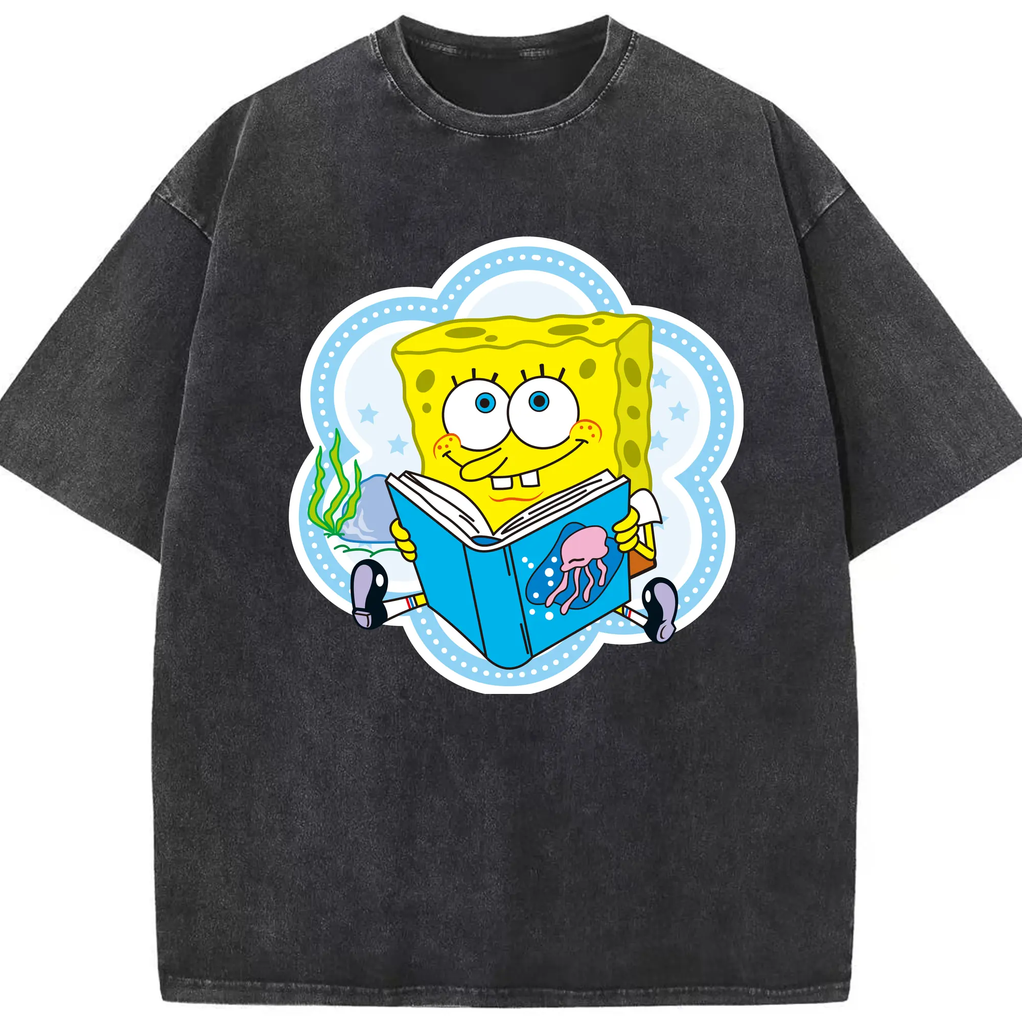 Spongebob squarepants reading book graphic t-shirt - Washed Vintage Look 230g Cotton Oversized T-Shirt With Front Heat Transfer Print – Soft, Lightweight, Stylish Fit – Comfortable Casual Wear For Sports & Everyday Use