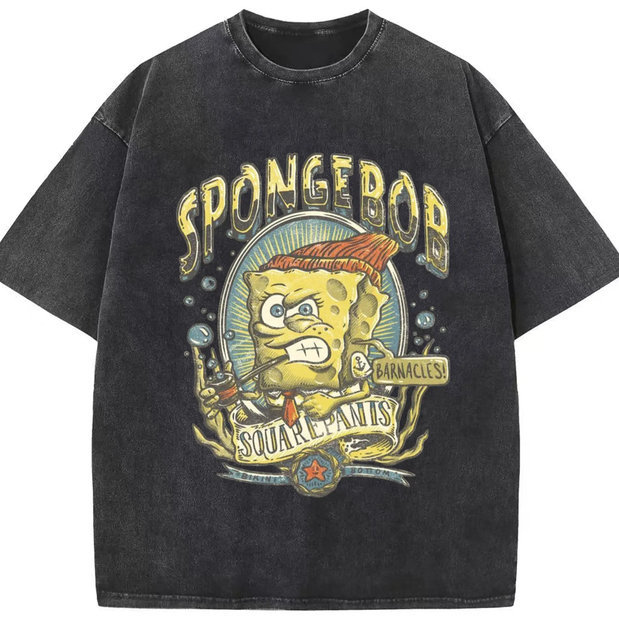Spongebob squarepants Retro art t shirt - Washed Vintage Look 230g Cotton Oversized T-Shirt With Front Heat Transfer Print – Soft, Lightweight, Stylish Fit – Comfortable Casual Wear For Sports & Everyday Use