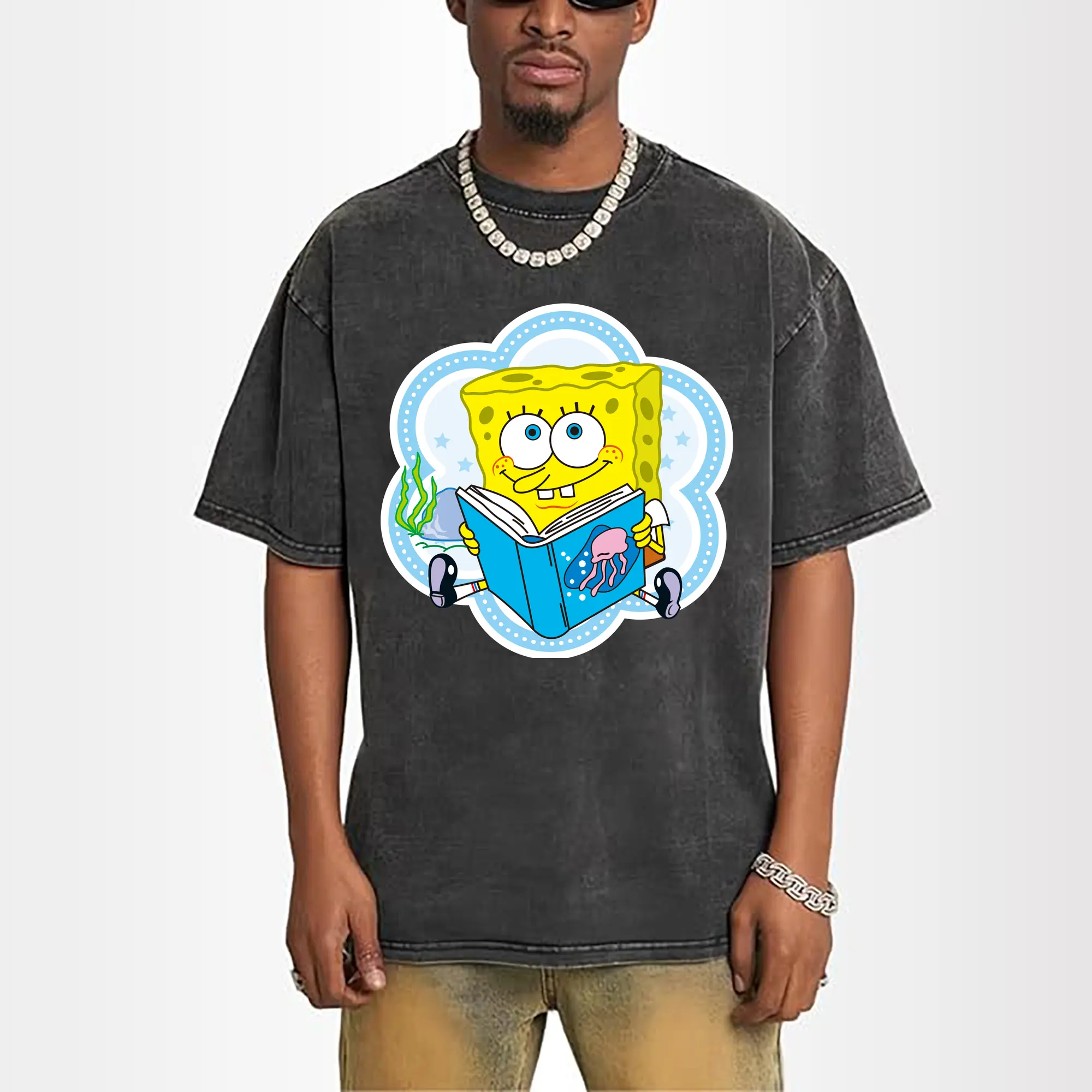 spongebob squarepants reading book graphic t-shirt