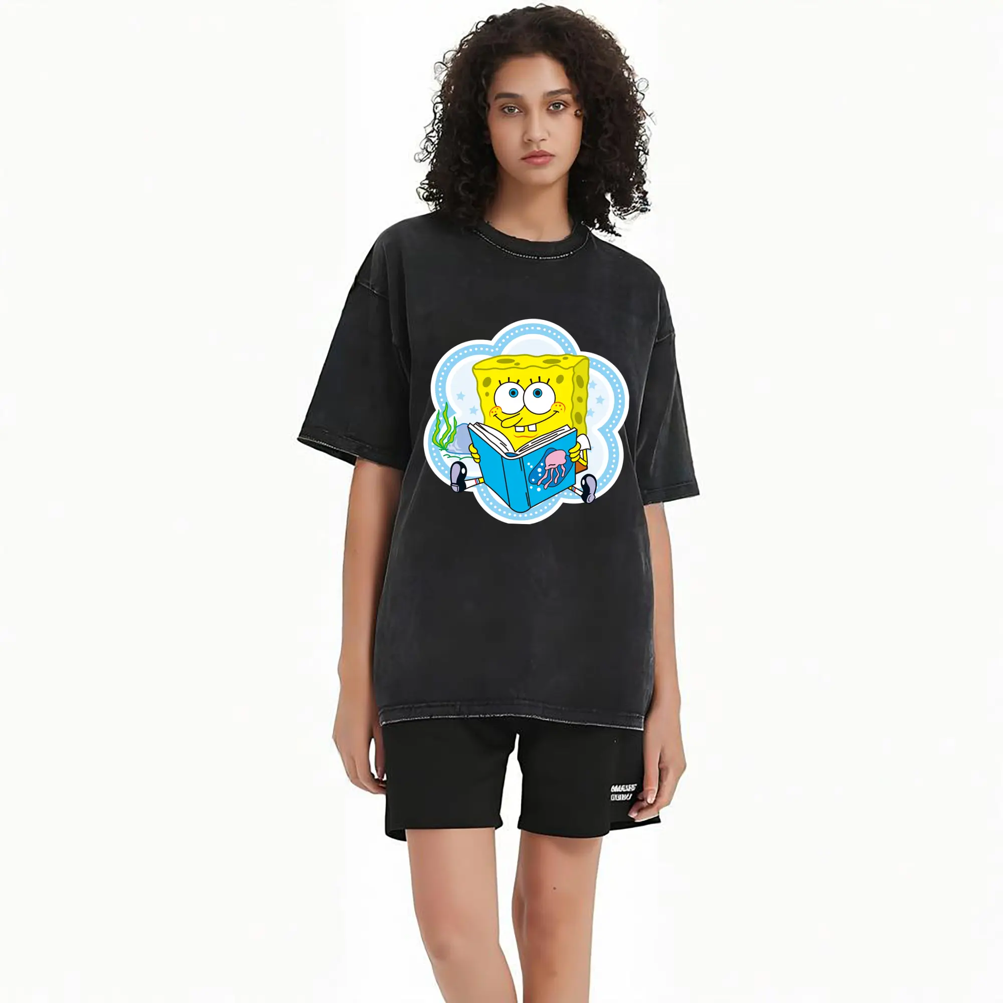spongebob squarepants reading book graphic t-shirt