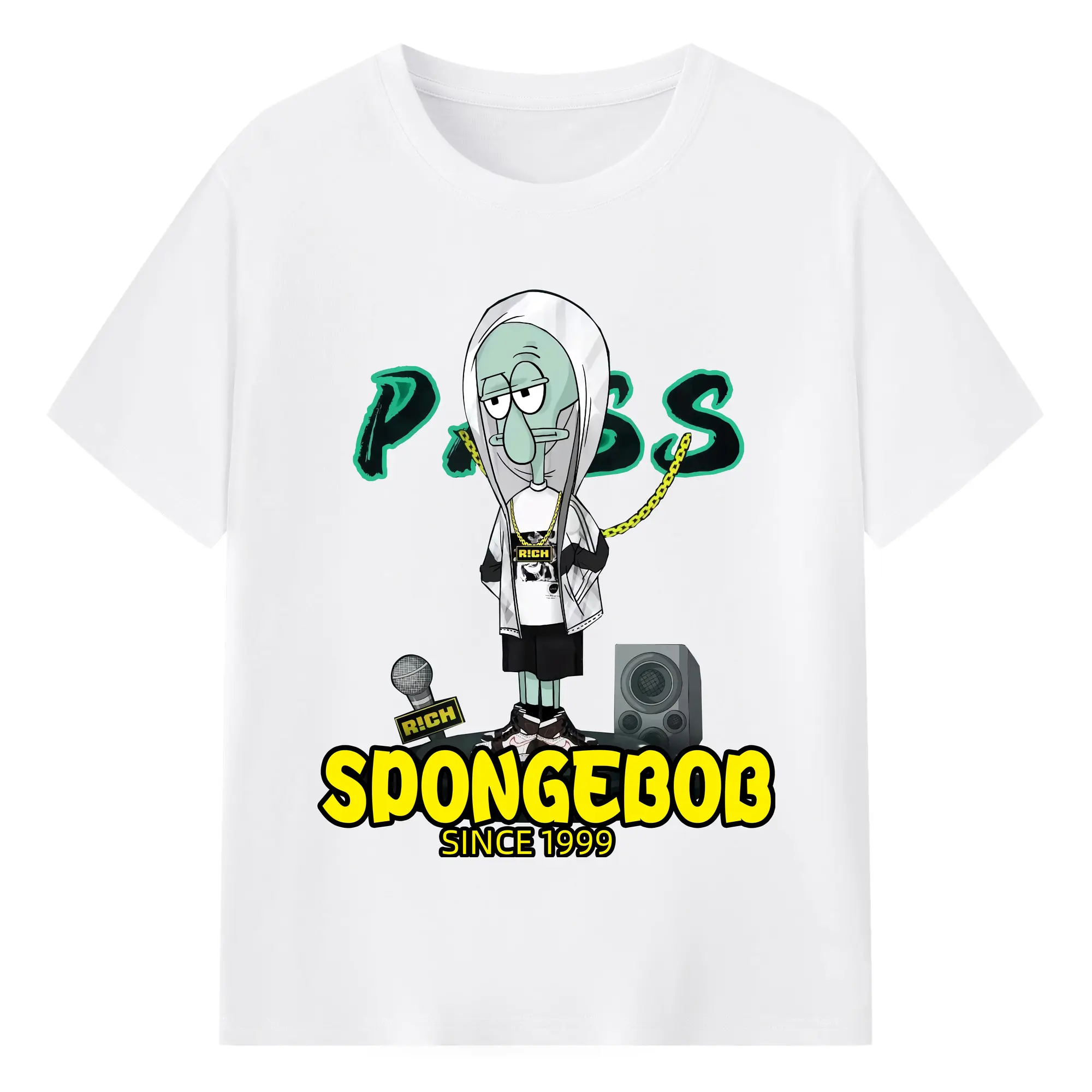Spongebob Squidward hip hop Costume T-Shirt - 180g Cotton T-Shirt With Front Heat Transfer Print – Soft, Lightweight, Fitted Design – Comfortable Casual Wear For Sports & Everyday Use