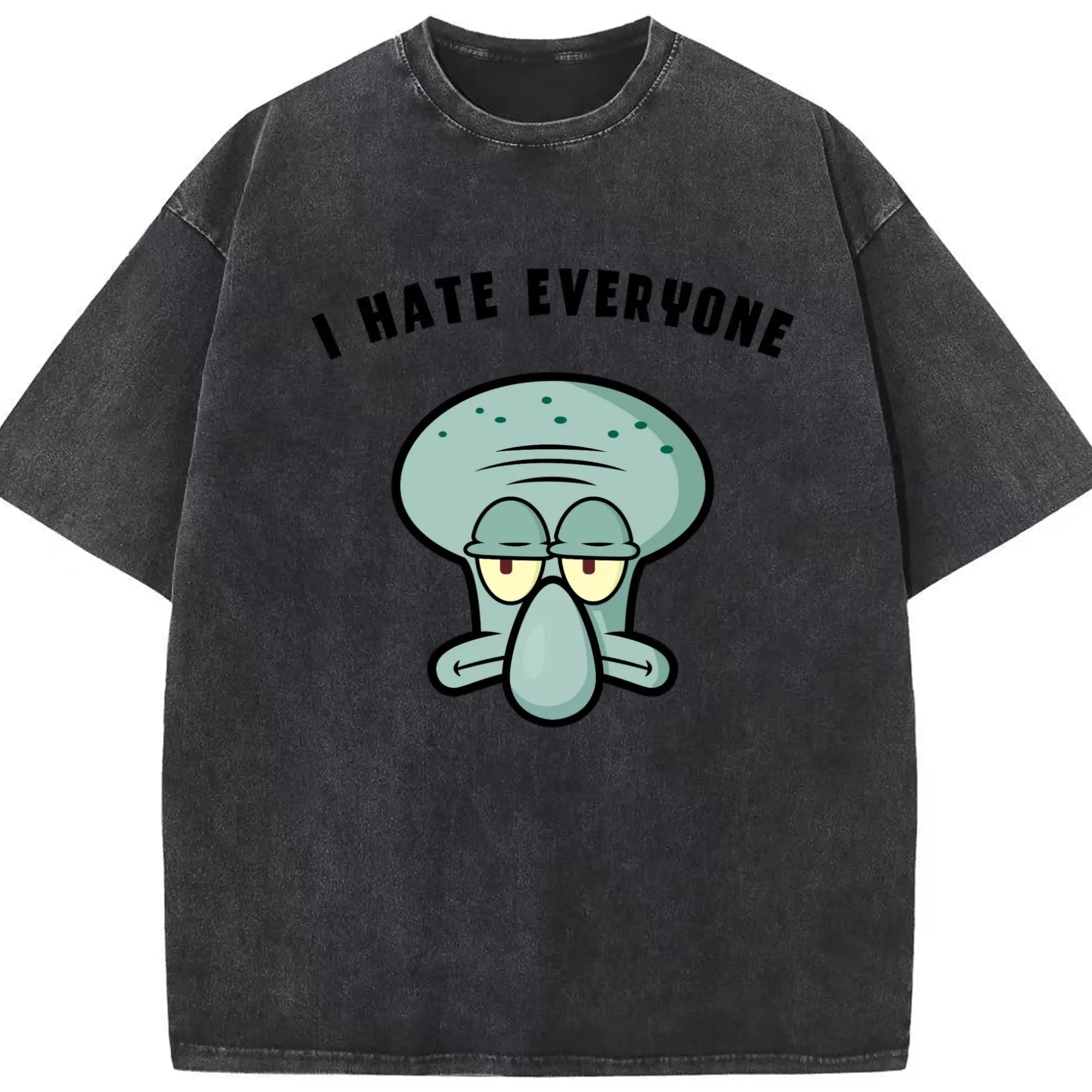 Men's Spongebob Squidward l Hate Everyone Tee - Washed Vintage Look 230g Cotton Oversized T-Shirt With Front Heat Transfer Print – Soft, Lightweight, Stylish Fit – Comfortable Casual Wear For Sports & Everyday Use