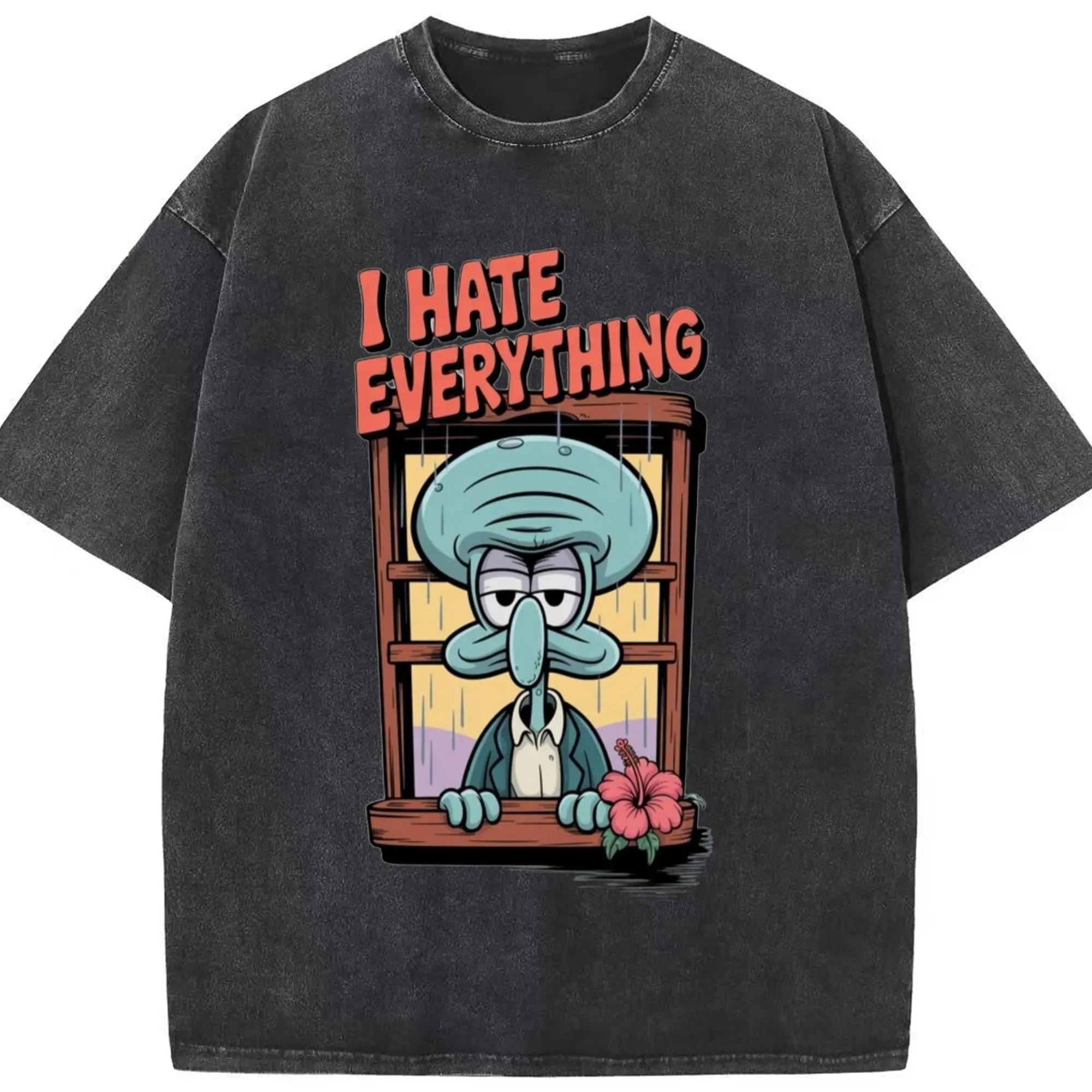 Men's Spongebob Squidward l Hate Everything Tee (2) - Washed Vintage Look 230g Cotton Oversized T-Shirt With Front Heat Transfer Print – Soft, Lightweight, Stylish Fit – Comfortable Casual Wear For Sports & Everyday Use