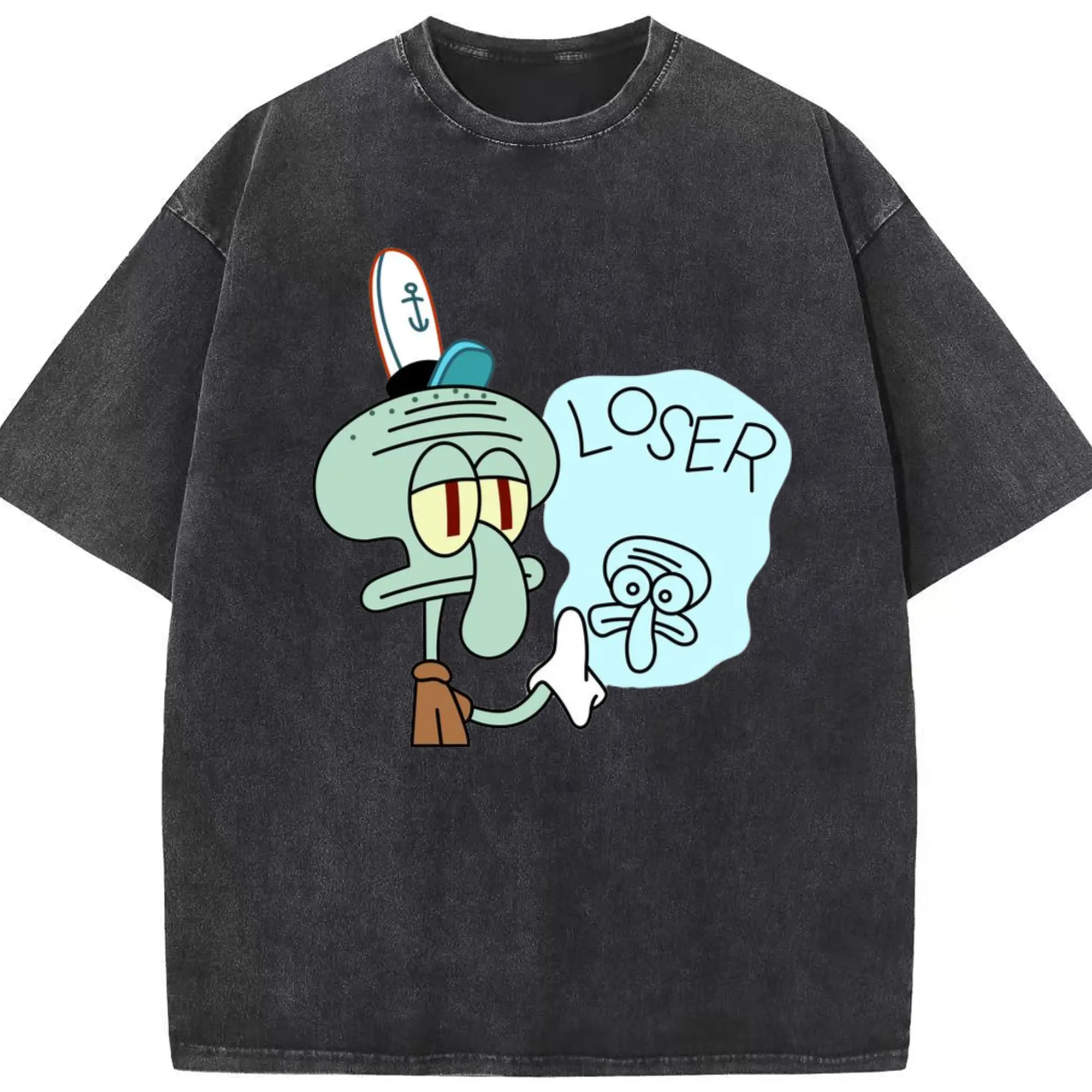 Men's Spongebob Squidward loser designs Tee - Washed Vintage Look 230g Cotton Oversized T-Shirt With Front Heat Transfer Print – Soft, Lightweight, Stylish Fit – Comfortable Casual Wear For Sports & Everyday Use
