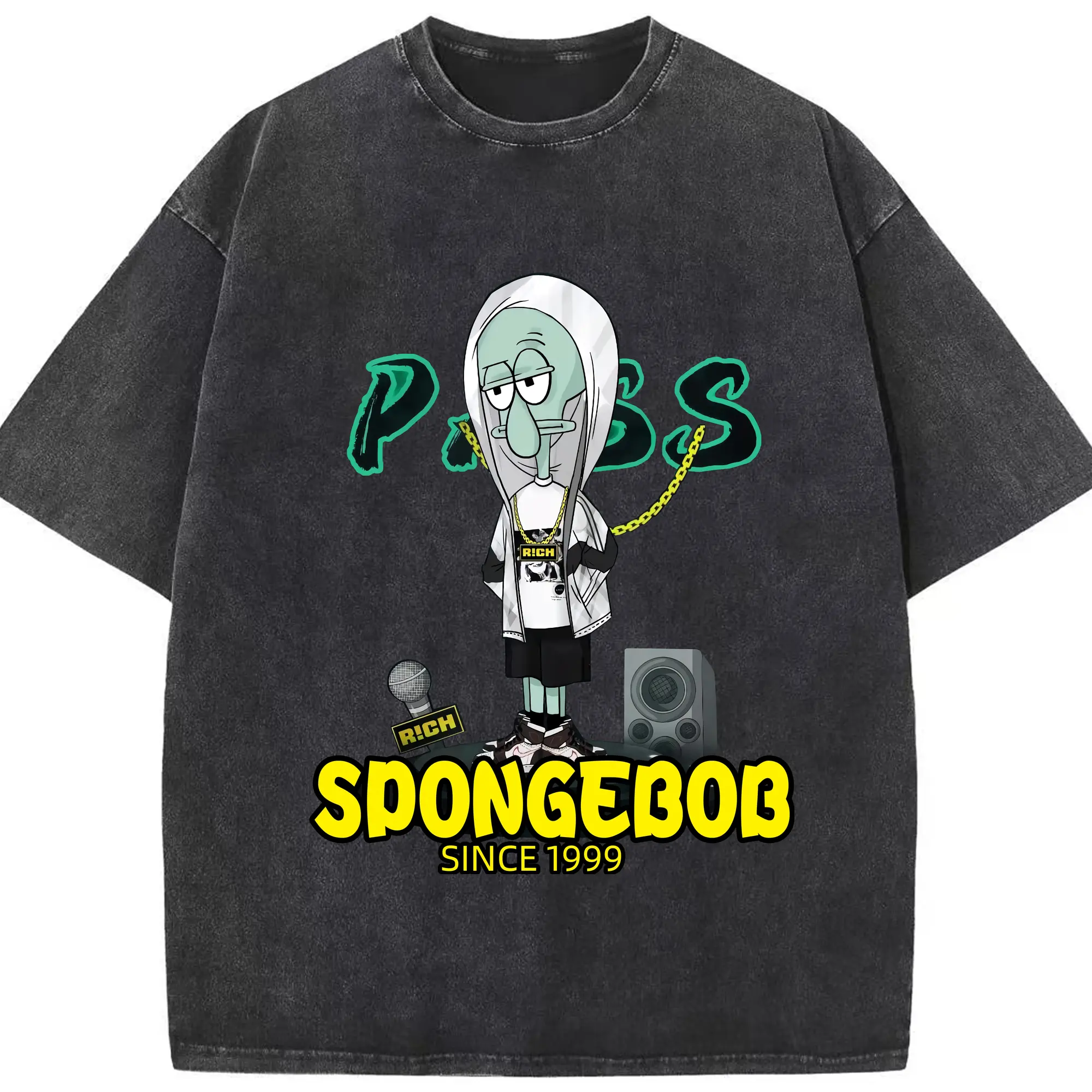 Spongebob Squidward hip hop Costume T-Shirt - Washed Vintage Look 230g Cotton Oversized T-Shirt With Front Heat Transfer Print – Soft, Lightweight, Stylish Fit – Comfortable Casual Wear For Sports & Everyday Use