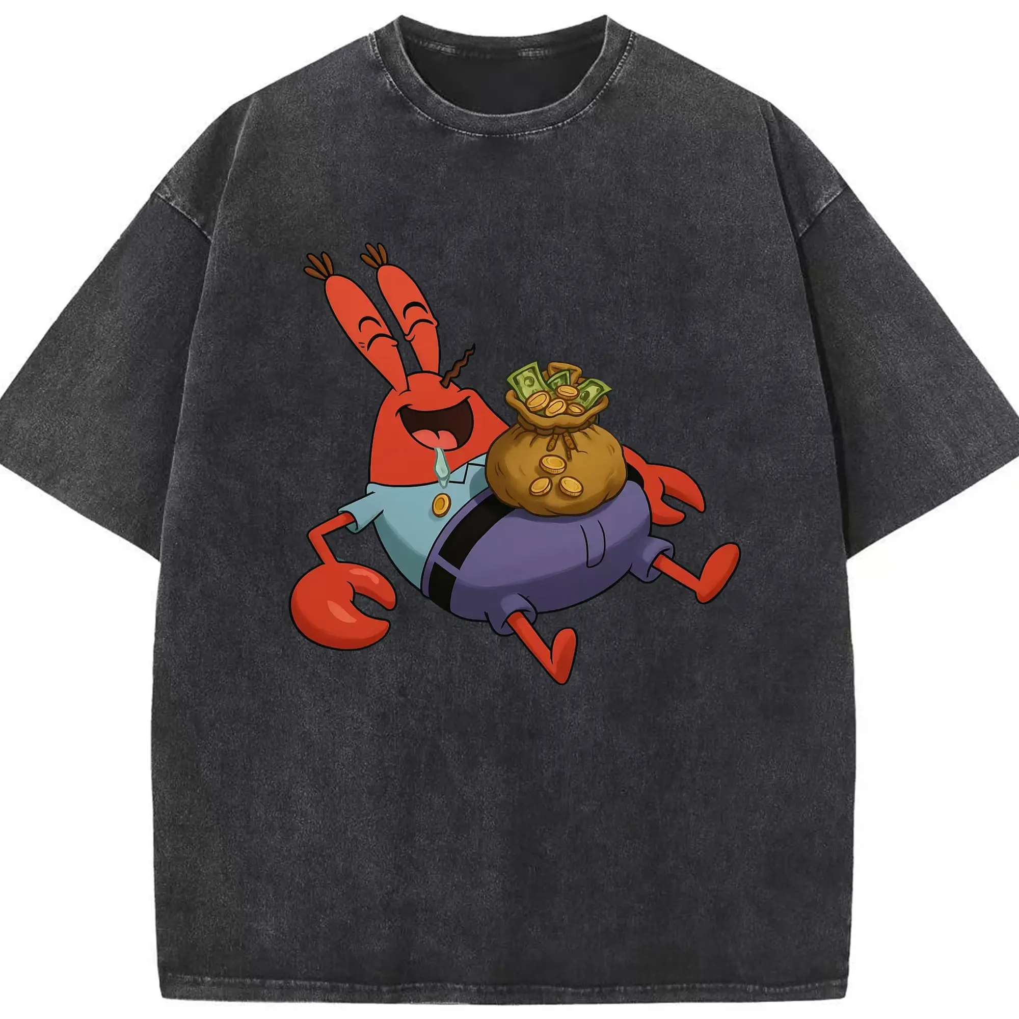 Spongebob Squarepants Mr. Krabs  like money tee - Washed Vintage Look 230g Cotton Oversized T-Shirt With Front Heat Transfer Print – Soft, Lightweight, Stylish Fit – Comfortable Casual Wear For Sports & Everyday Use