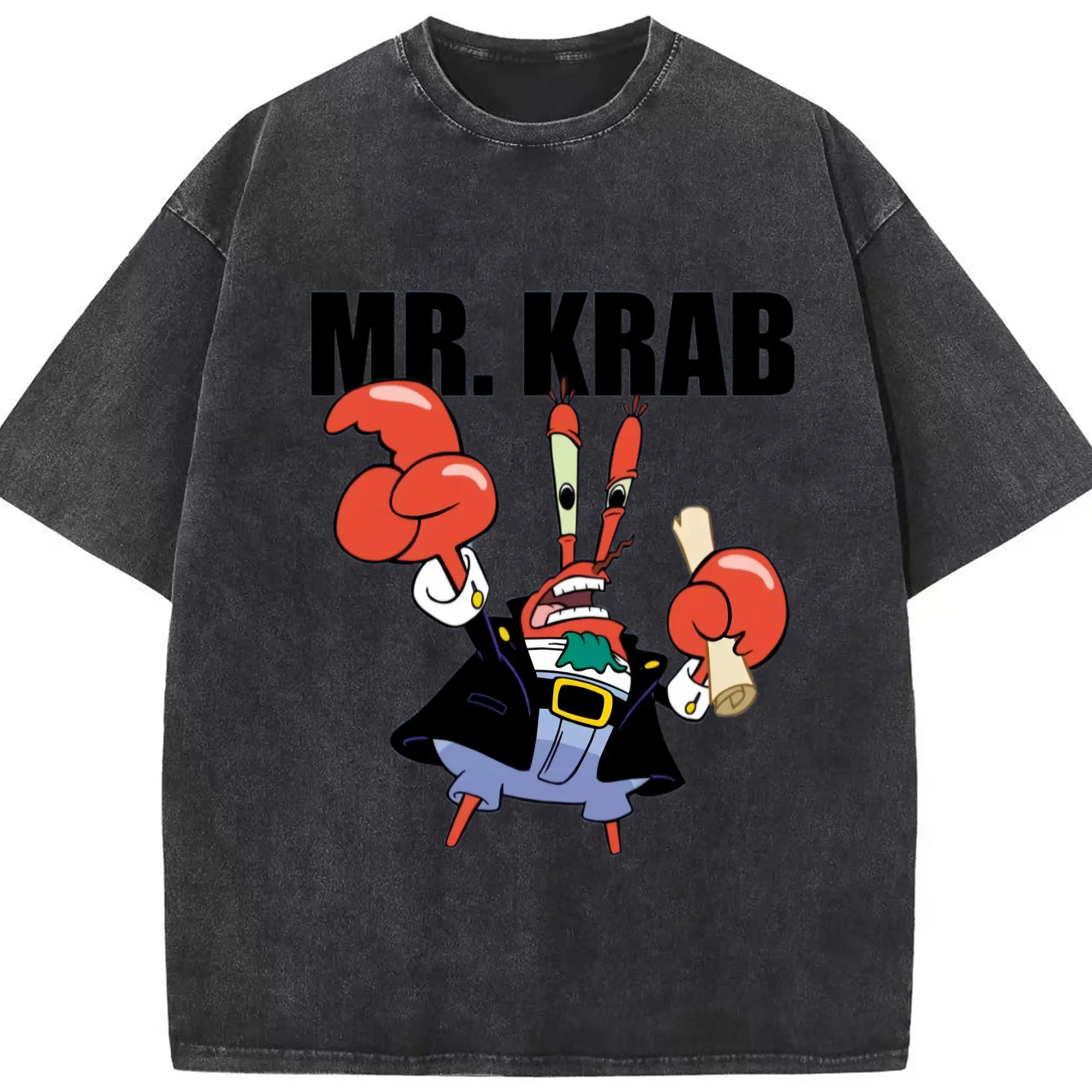 Spongebob Squarepants Mr. Krabs  tee - Washed Vintage Look 230g Cotton Oversized T-Shirt With Front Heat Transfer Print – Soft, Lightweight, Stylish Fit – Comfortable Casual Wear For Sports & Everyday Use